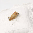 Vintage Owl Brooch - Retro Era 14k Yellow Gold Created Ruby Eyes Winged Animal Pendant - Circa 1960s Figural Gemstone Fine 60s Bird Jewelry