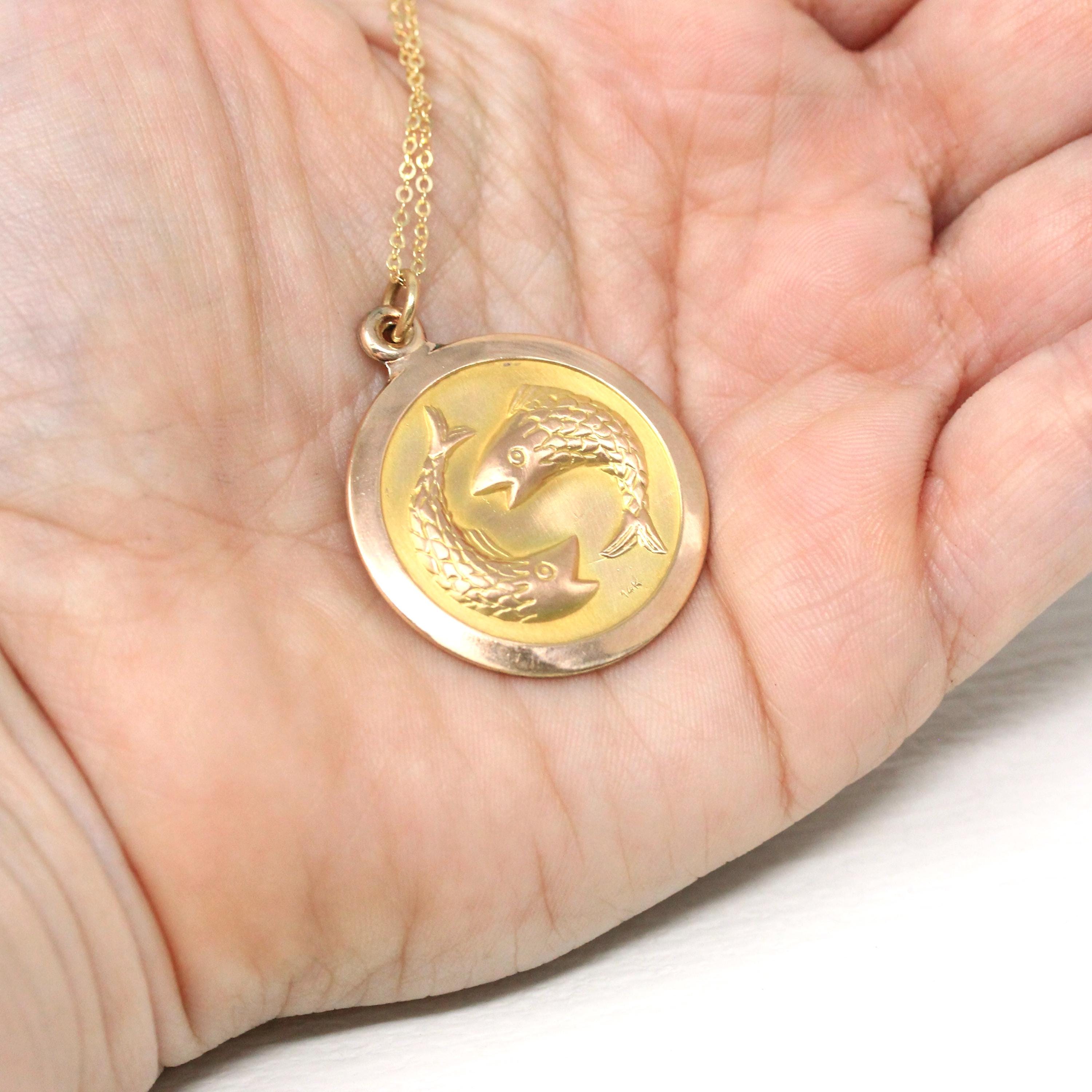 Vintage Pisces Pendant - Retro 10k Yellow Gold Fish Astrological Sign Charm Necklace - Circa 1970s Era Zodiac Water Element Sun Fine Jewelry