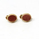 Goldstone Glass Earrings - Retro 10k Rosy Yellow Gold Oval Sparkling Brown Gems - Circa 1960s Era Screw Back Style Fine PSCO Jewelry