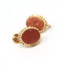 Goldstone Glass Earrings - Retro 10k Rosy Yellow Gold Oval Sparkling Brown Gems - Circa 1960s Era Screw Back Style Fine PSCO Jewelry