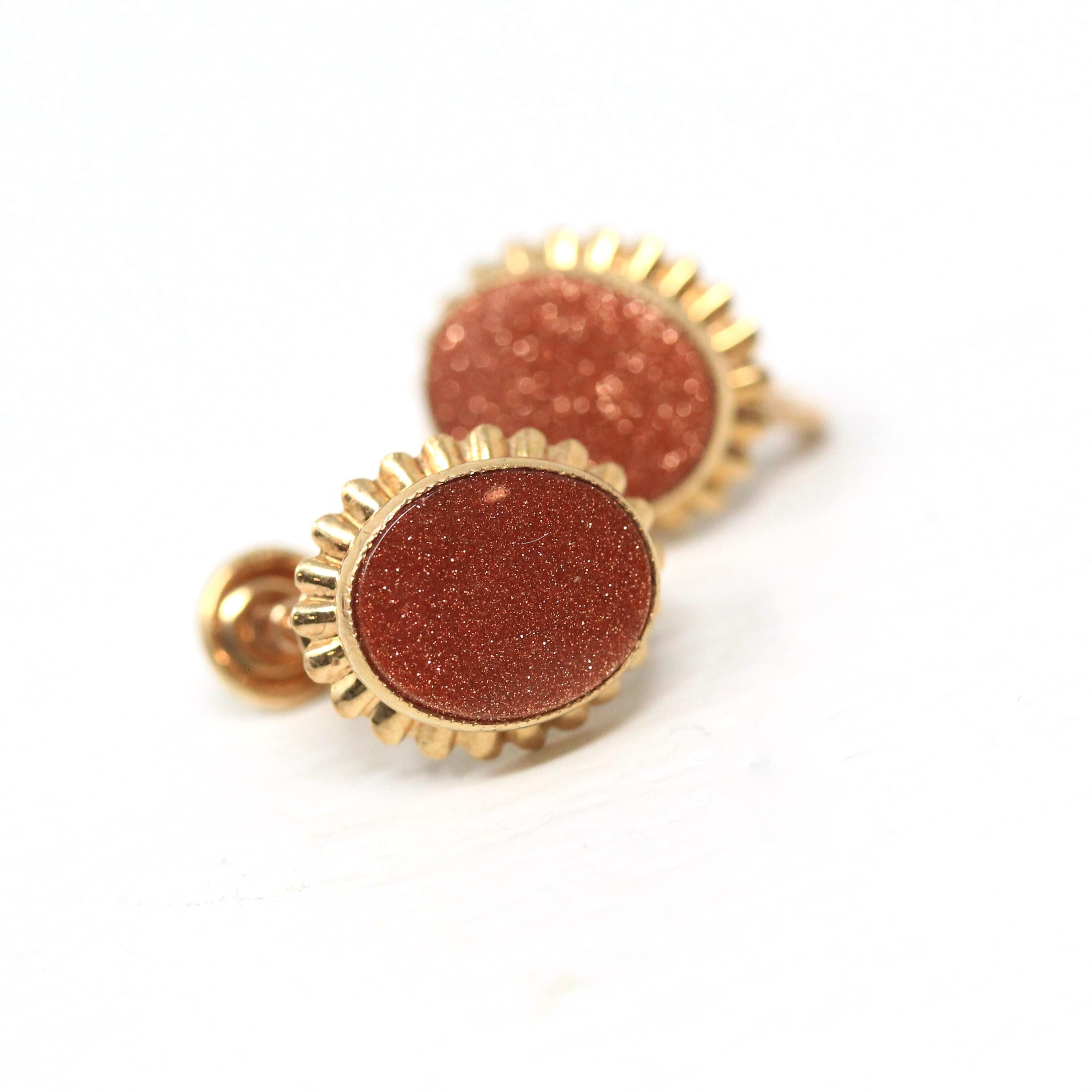 Goldstone Glass Earrings - Retro 10k Rosy Yellow Gold Oval Sparkling Brown Gems - Circa 1960s Era Screw Back Style Fine PSCO Jewelry