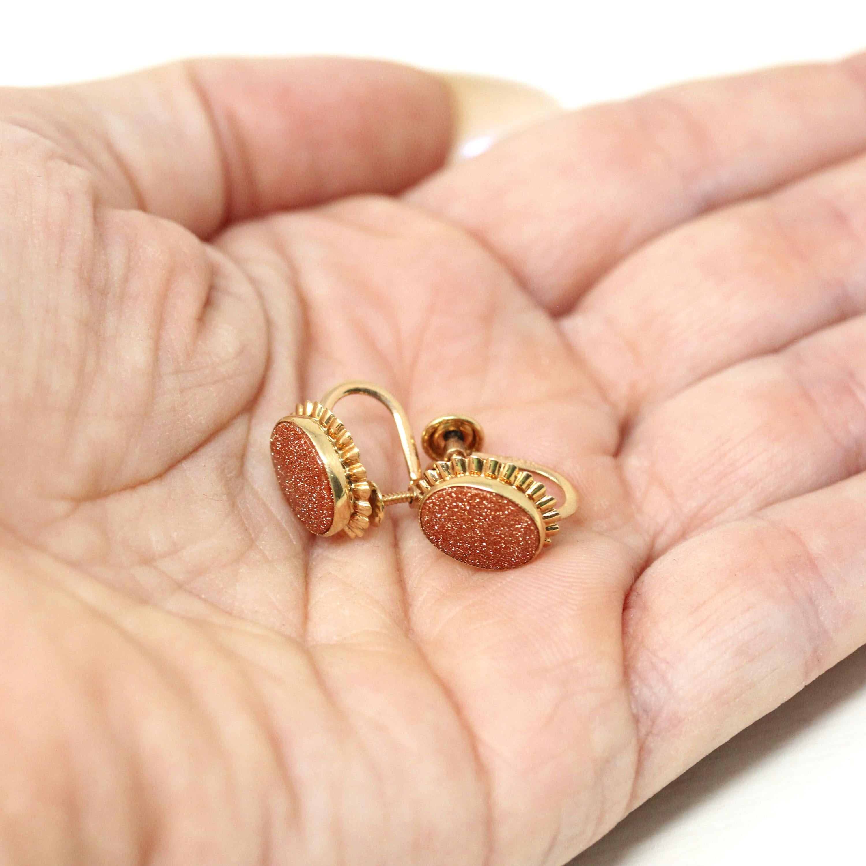 Goldstone Glass Earrings - Retro 10k Rosy Yellow Gold Oval Sparkling Brown Gems - Circa 1960s Era Screw Back Style Fine PSCO Jewelry