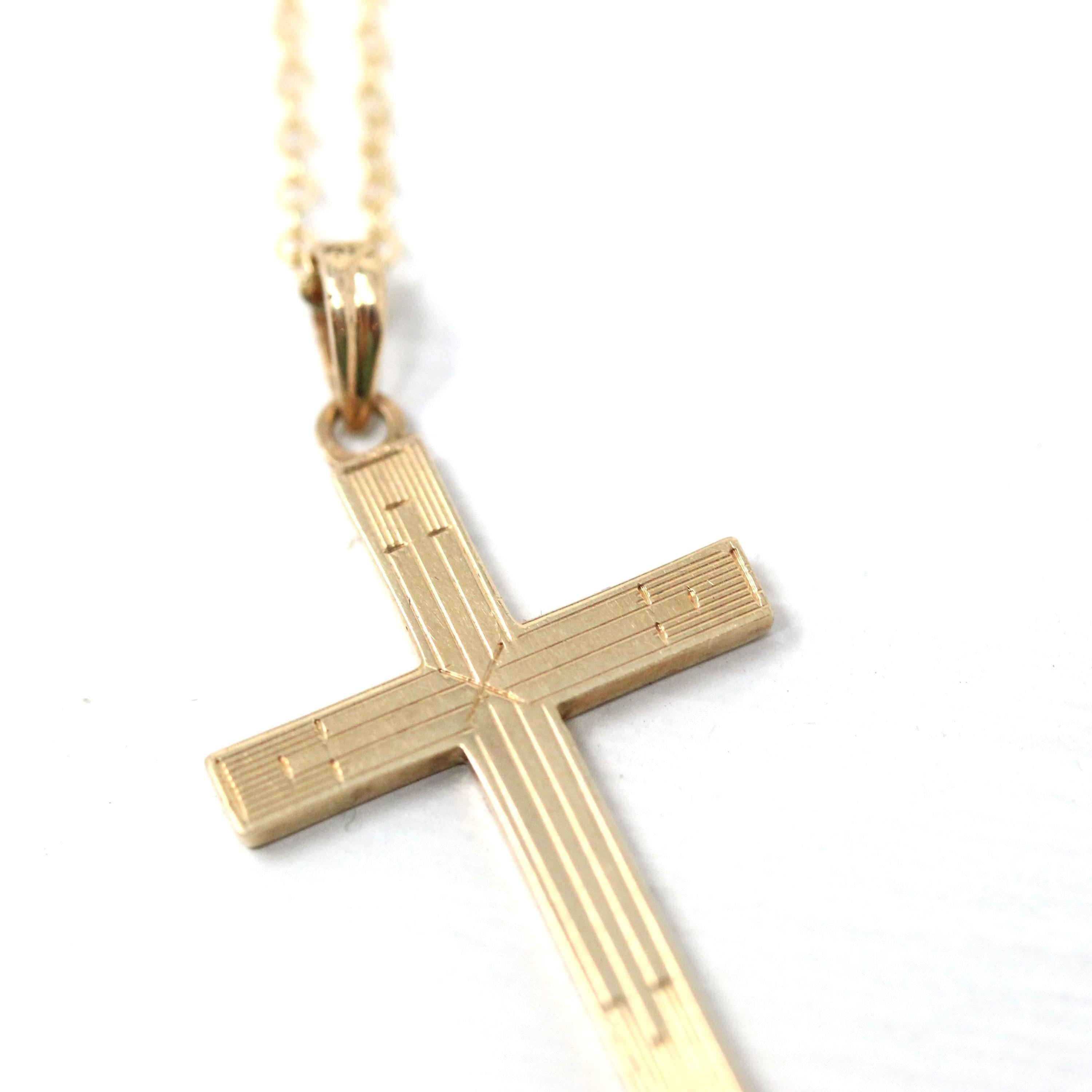 Vintage Cross Necklace Retro 10k Yellow Gold Engraved Etched