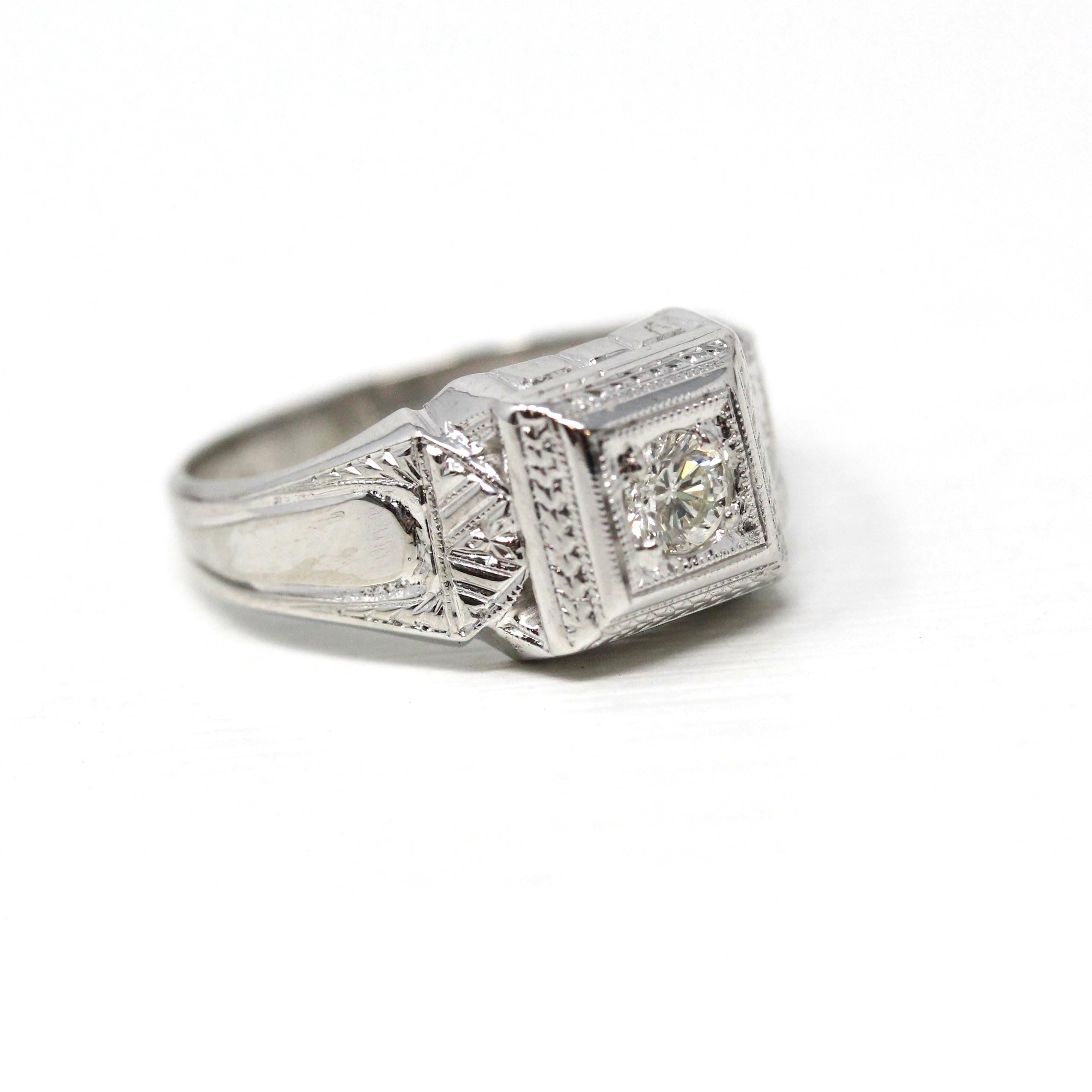 Genuine Diamond Ring - Art Deco 14k White Gold .25 CT Round Brilliant Cut - Vintage Circa 1930s Size 9 1/2 Unisex Engagement Fine Jewelry