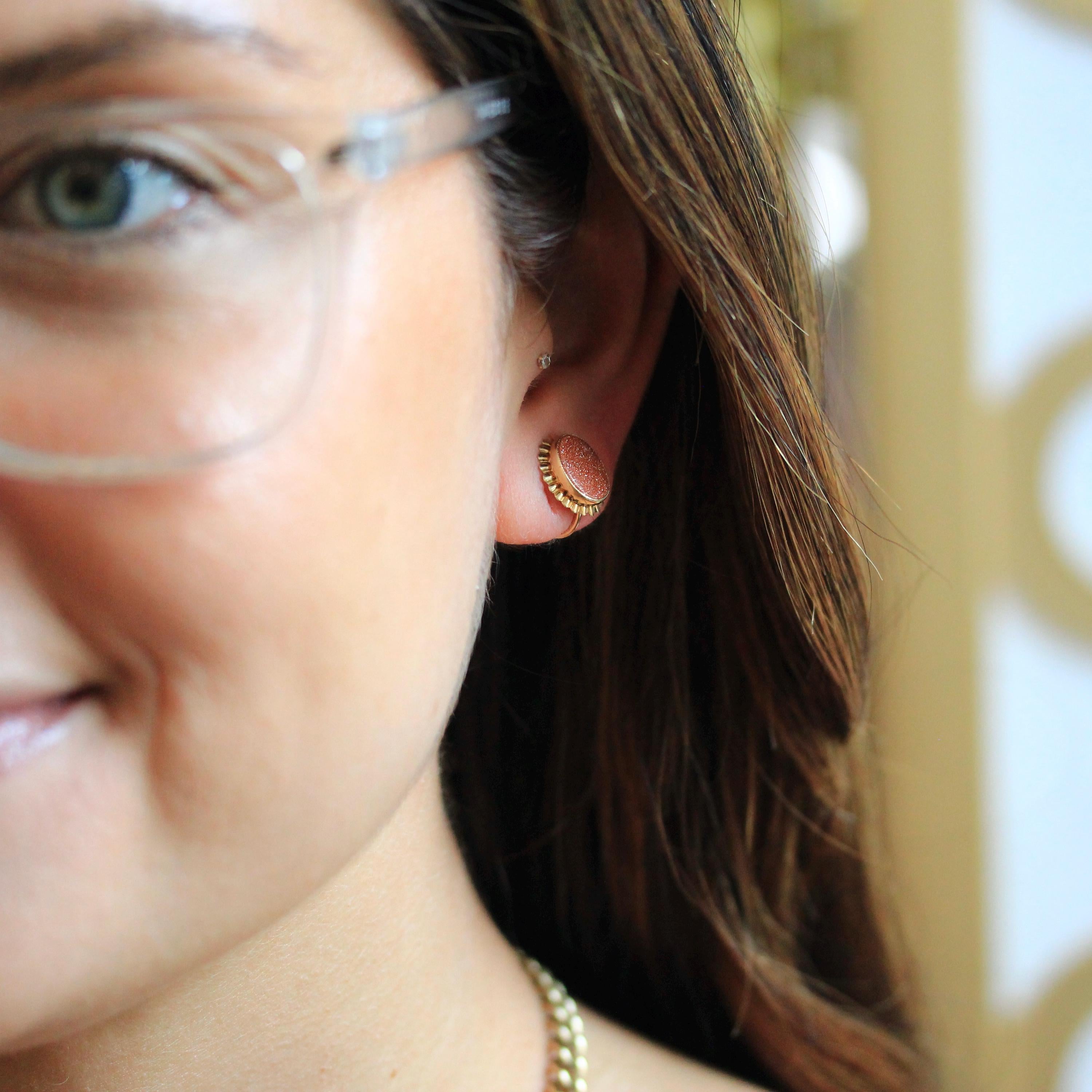 Goldstone Glass Earrings - Retro 10k Rosy Yellow Gold Oval Sparkling Brown Gems - Circa 1960s Era Screw Back Style Fine PSCO Jewelry