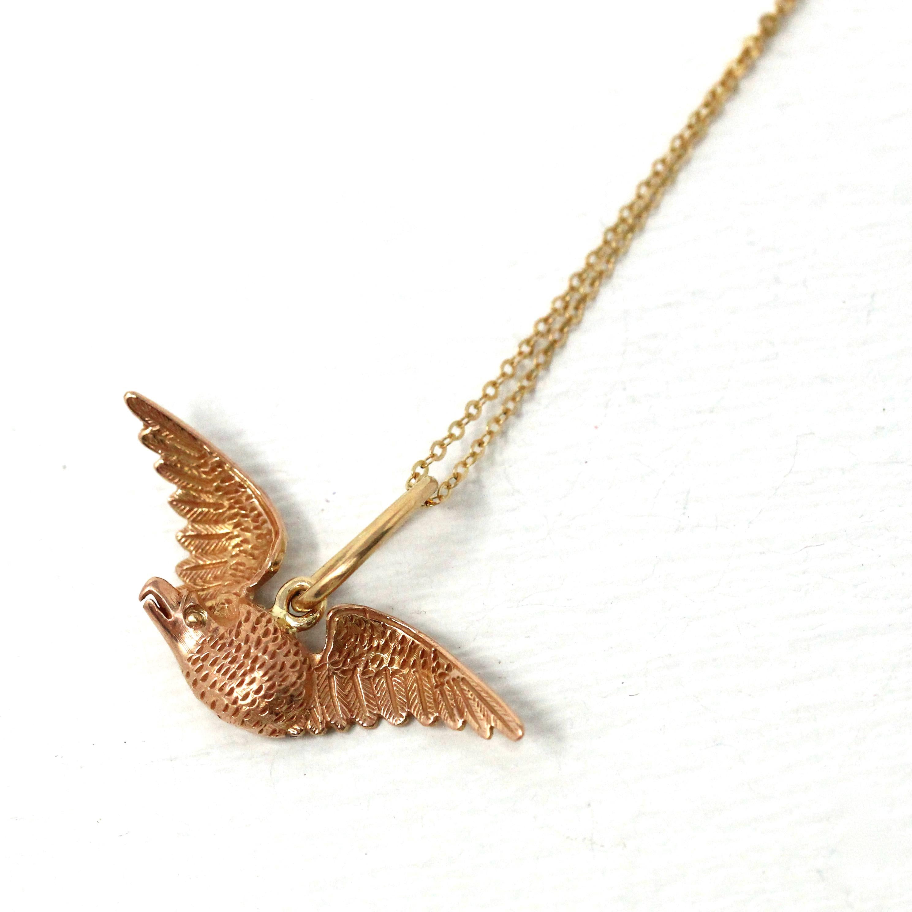 Flying Bird Charm - Modern 14k Rose Gold Winged Animal Pendant Necklace - Estate Circa 2000s Era Raven Crow Avian Feathered Fine Jewelry