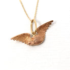 Flying Bird Charm - Modern 14k Rose Gold Winged Animal Pendant Necklace - Estate Circa 2000s Era Raven Crow Avian Feathered Fine Jewelry