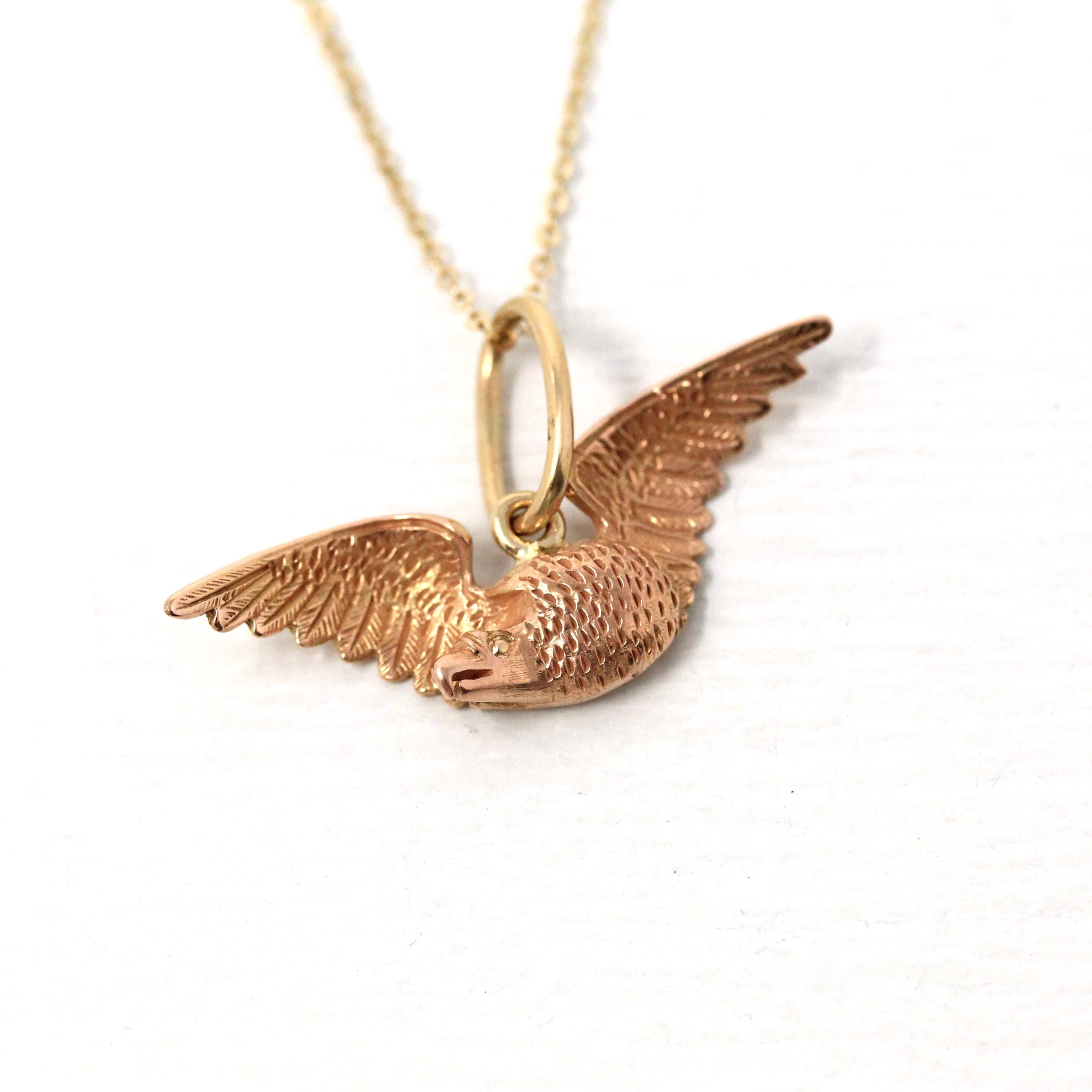 Flying Bird Charm - Modern 14k Rose Gold Winged Animal Pendant Necklace - Estate Circa 2000s Era Raven Crow Avian Feathered Fine Jewelry