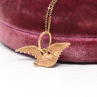 Flying Bird Charm - Modern 14k Rose Gold Winged Animal Pendant Necklace - Estate Circa 2000s Era Raven Crow Avian Feathered Fine Jewelry