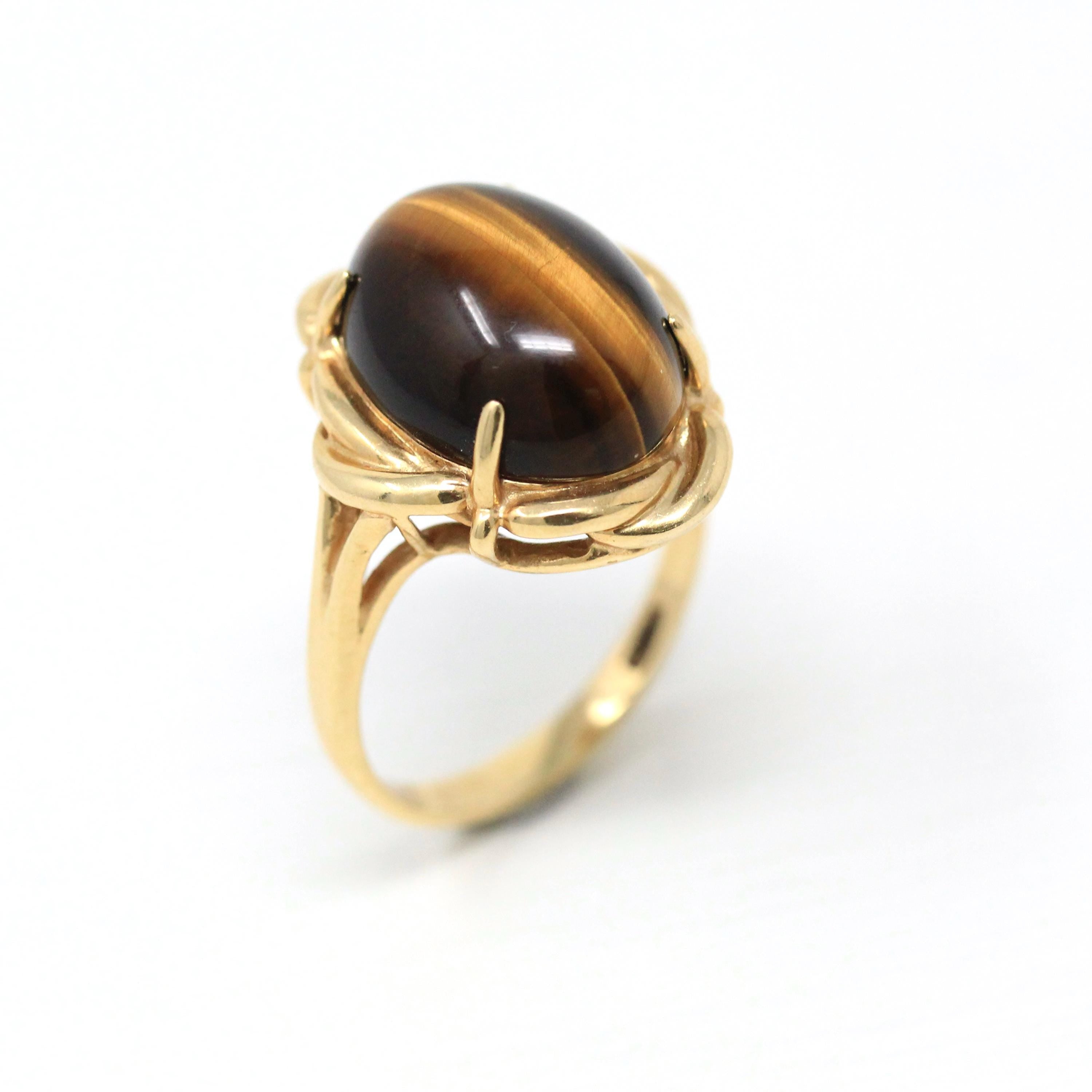 Tiger's Eye Ring - Modern 14k Yellow Gold Cabochon Cut Genuine Chatoyant Gemstone - Estate Circa 2000s Era Size 7 3/4 Statement Fine Jewelry
