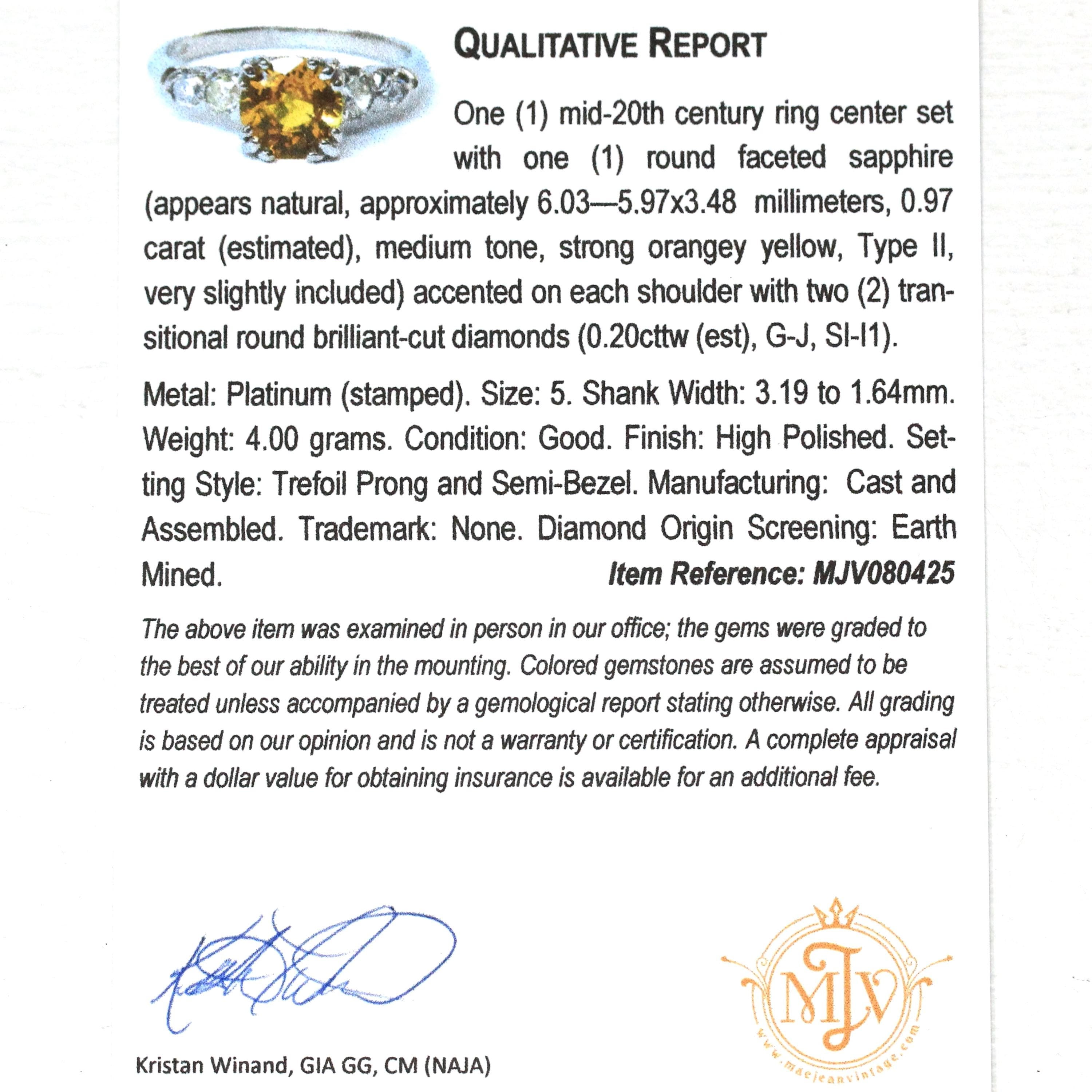 Yellow Sapphire & Diamond Ring - Mid Century Platinum Alternative Engagement Ring Genuine Gemstones - Vintage 1950s Size 5 Report Jewelry