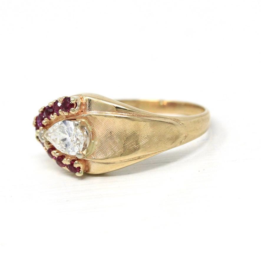 East West Diamond Ring - Vintage Retro Era 14k Yellow Gold Genuine .59 CT Pear Brilliant - Size 7 Alternative Ruby Halo Fine Report Jewelry