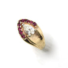 East West Diamond Ring - Vintage Retro Era 14k Yellow Gold Genuine .59 CT Pear Brilliant - Size 7 Alternative Ruby Halo Fine Report Jewelry