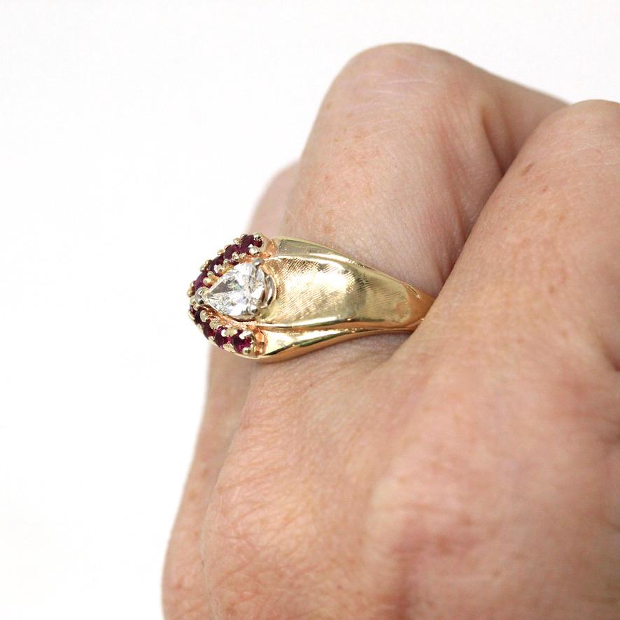 East West Diamond Ring - Vintage Retro Era 14k Yellow Gold Genuine .59 CT Pear Brilliant - Size 7 Alternative Ruby Halo Fine Report Jewelry