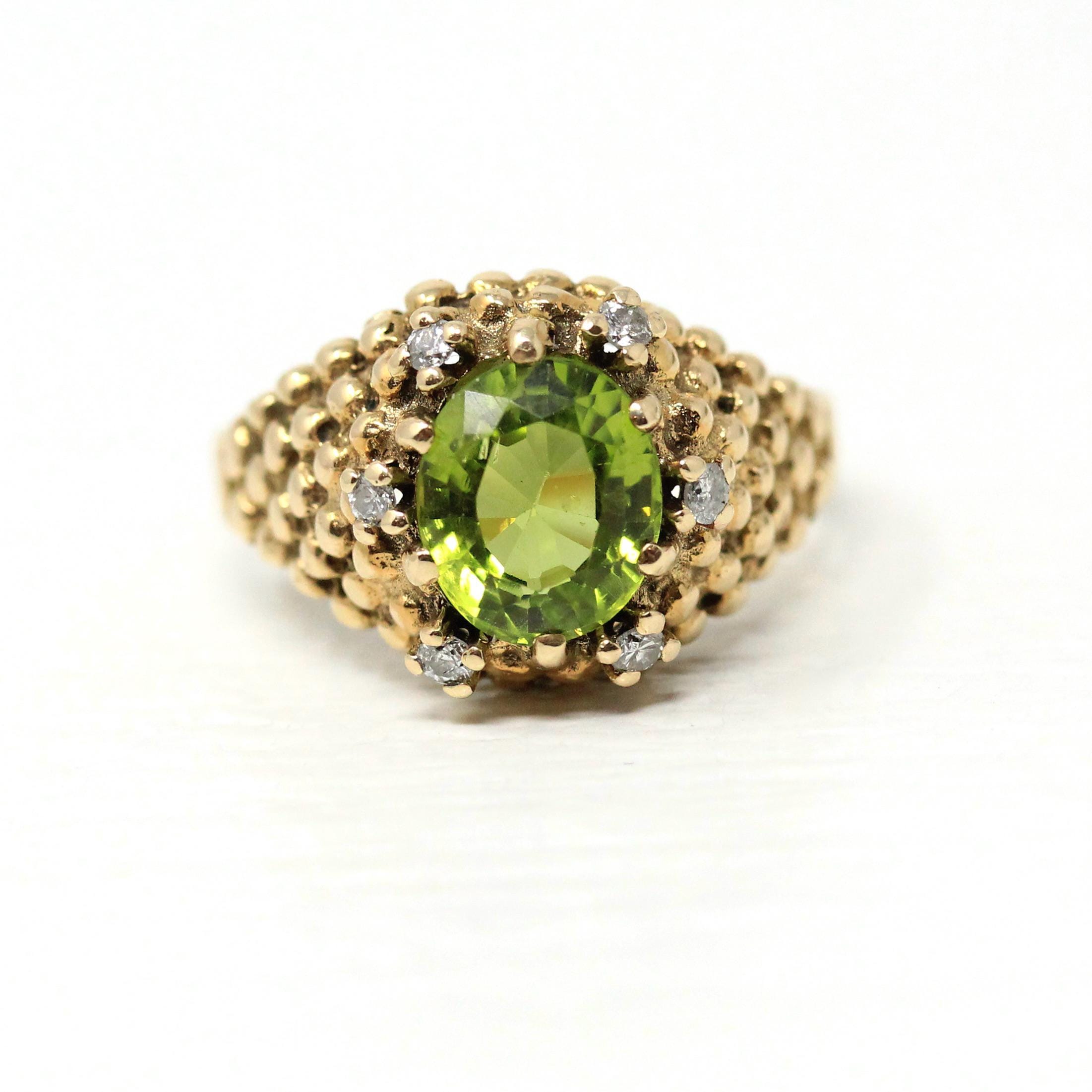 Peridot Diamond Ring Retro 14k Yellow Gold Genuine Green Gem