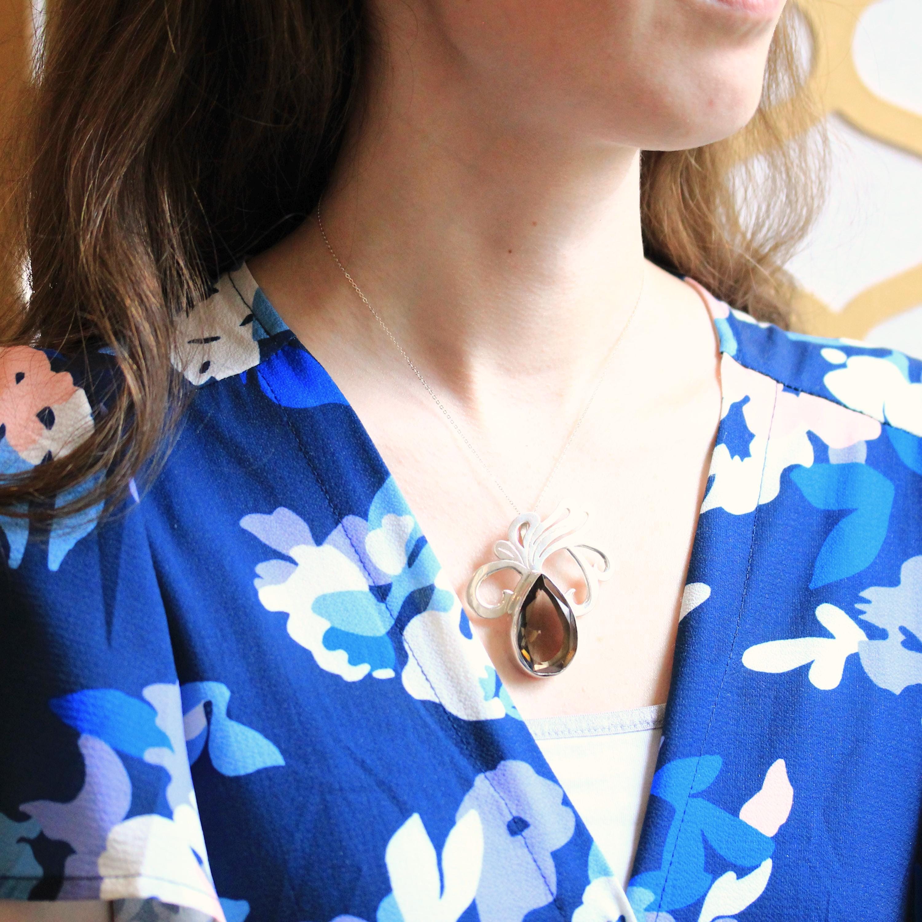 Artisan Silver Pendant - Modern Estate Pierced Scroll Metalwork - Circa 2000's Faceted Smokey Glass Teardrop Gem Amulet Fashion Jewelry