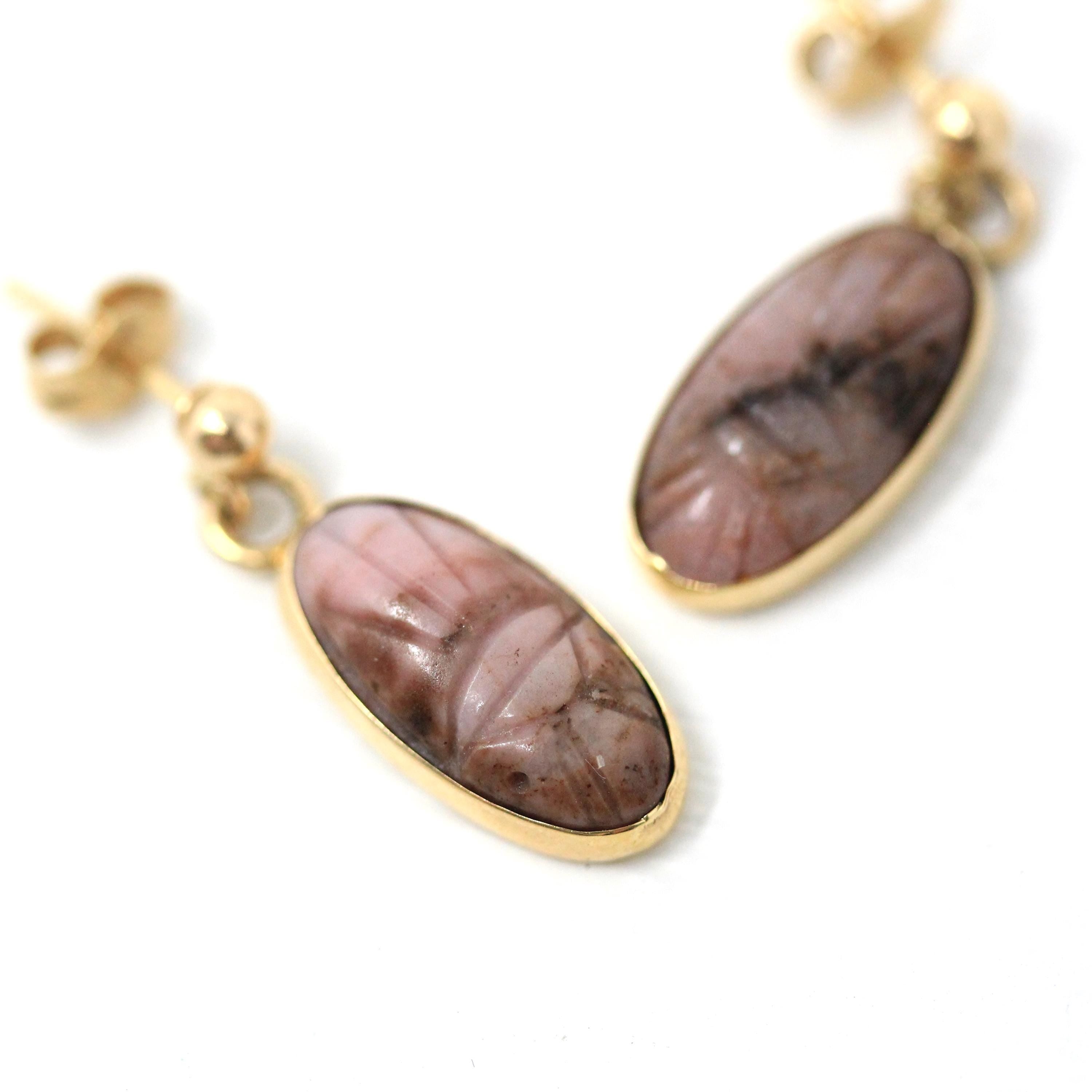 Vintage Scarab Earrings - Retro 14k Yellow Gold Carved Genuine Rhodonite Gemstone - Circa 1960s Era Egyptian Revival Style Beetle Jewelry
