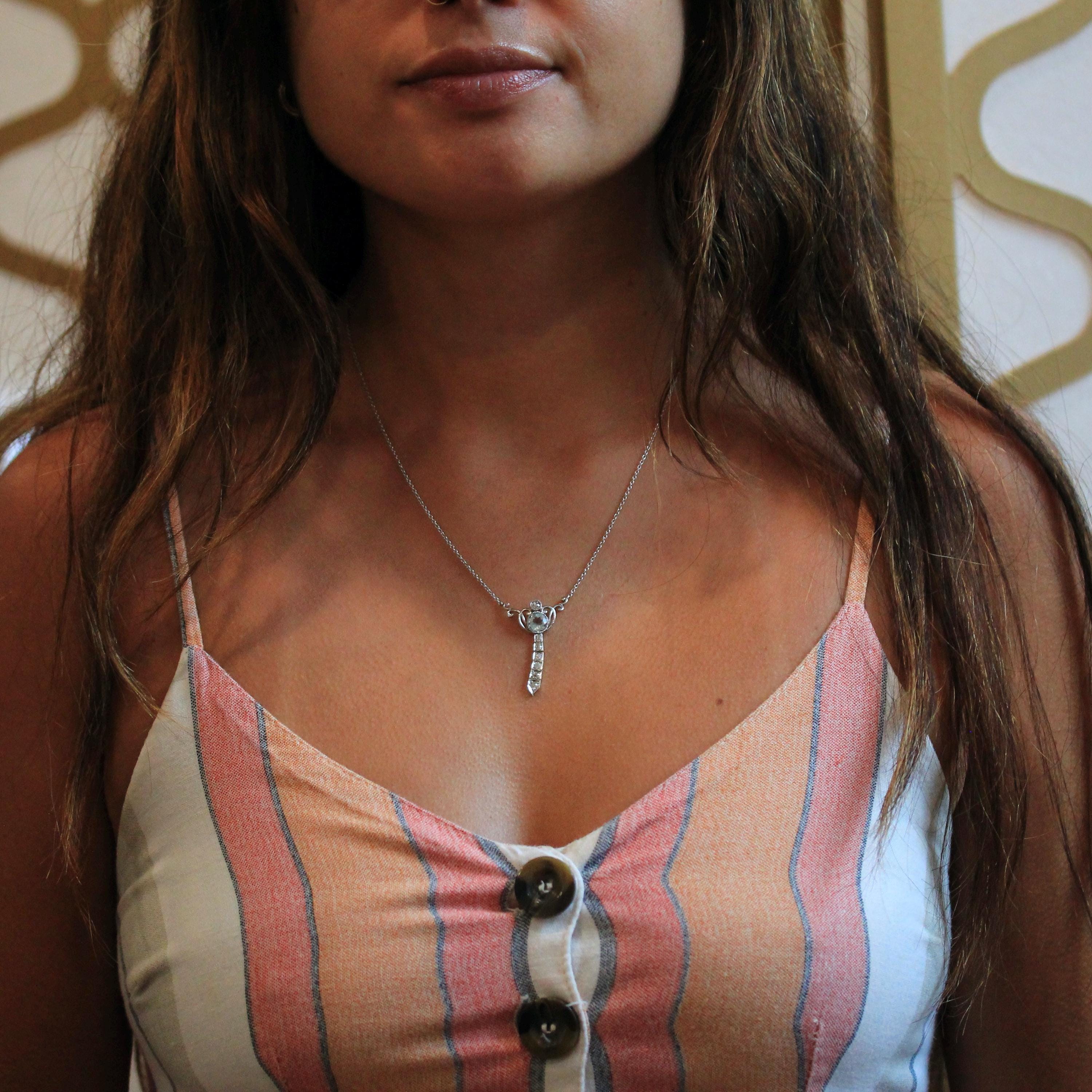 Edwardian Lavalier Necklace - Antique Platinum and 14k Yellow Gold Genuine Blue Aquamarine & Diamond Pendant - Circa 1910s Era Fine Jewelry