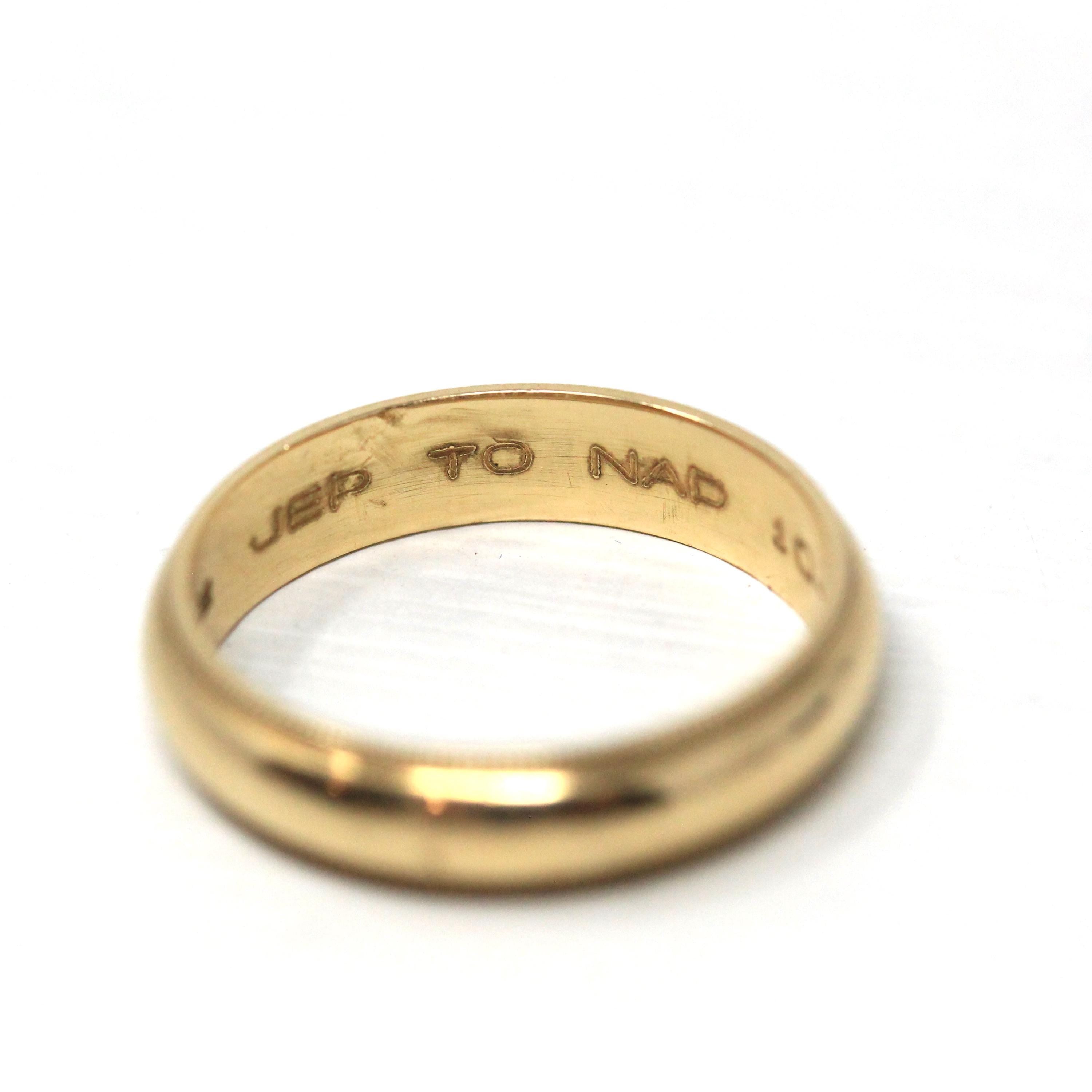 Dated 1989 Band - Modern 14k Yellow Gold Engraved "JEP to NAD 10-7-89" Ring - Estate 1980s Size 4 3/4 Wedding Unisex Milgrain Fine Jewelry