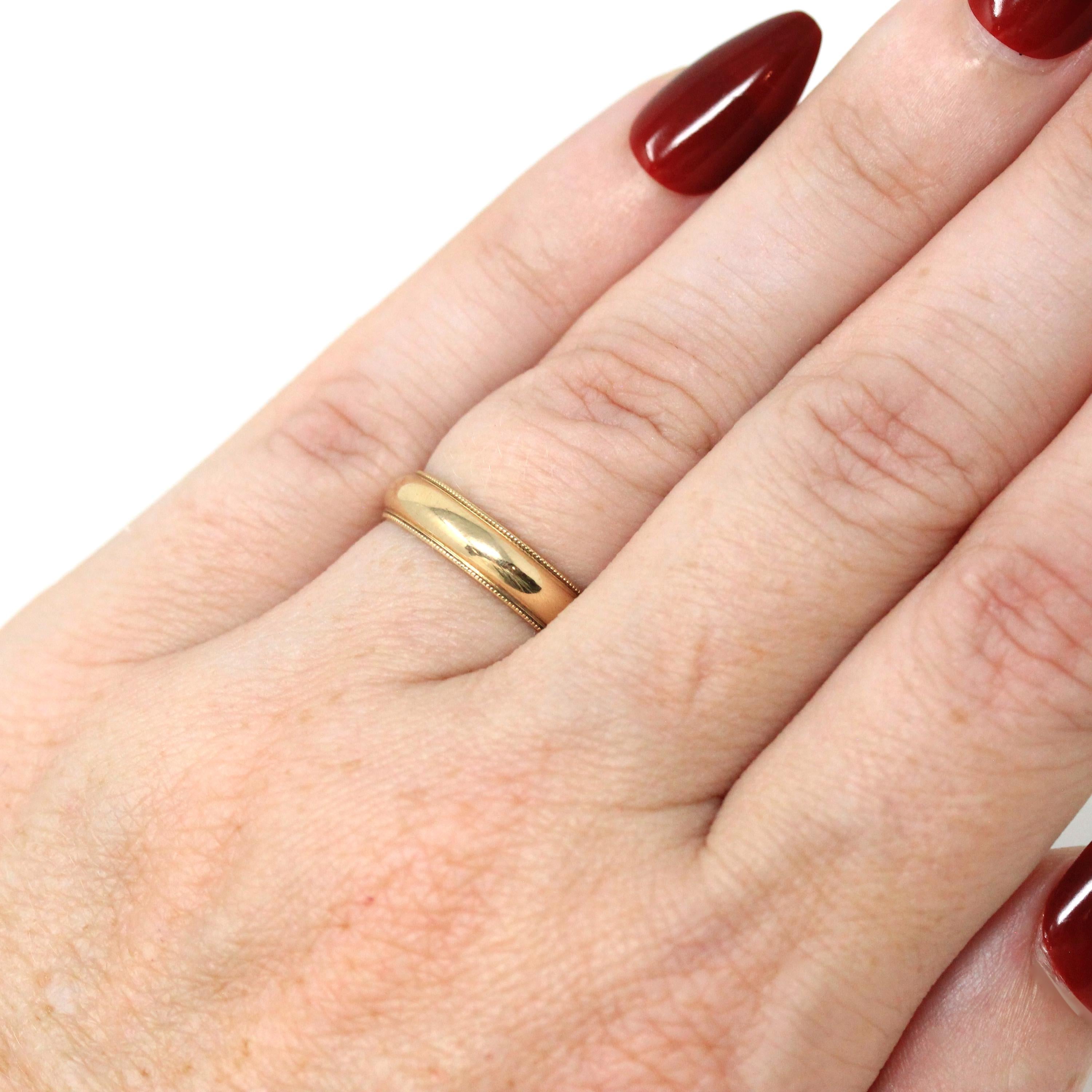 Dated 1989 Band - Modern 14k Yellow Gold Engraved "JEP to NAD 10-7-89" Ring - Estate 1980s Size 4 3/4 Wedding Unisex Milgrain Fine Jewelry