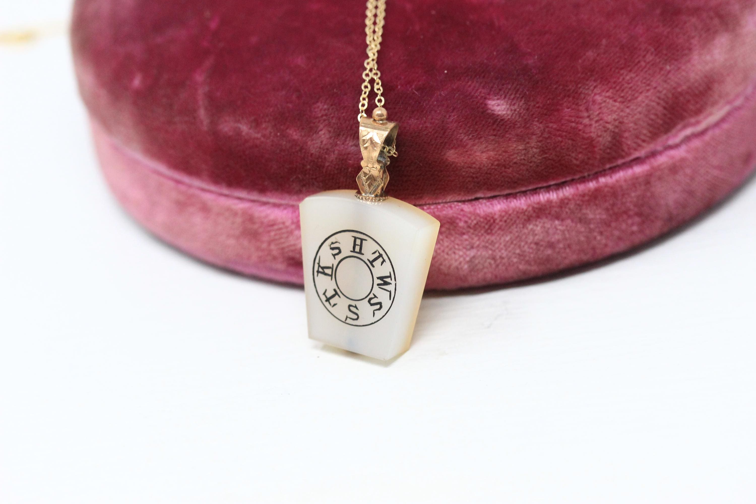 Royal Arch Masonry Fob - Edwardian 10k Rose Gold "HTWSSTKS" Chalcedony Pendant - Antique Circa 1900s Era Keystone Third Degree Mason Jewelry