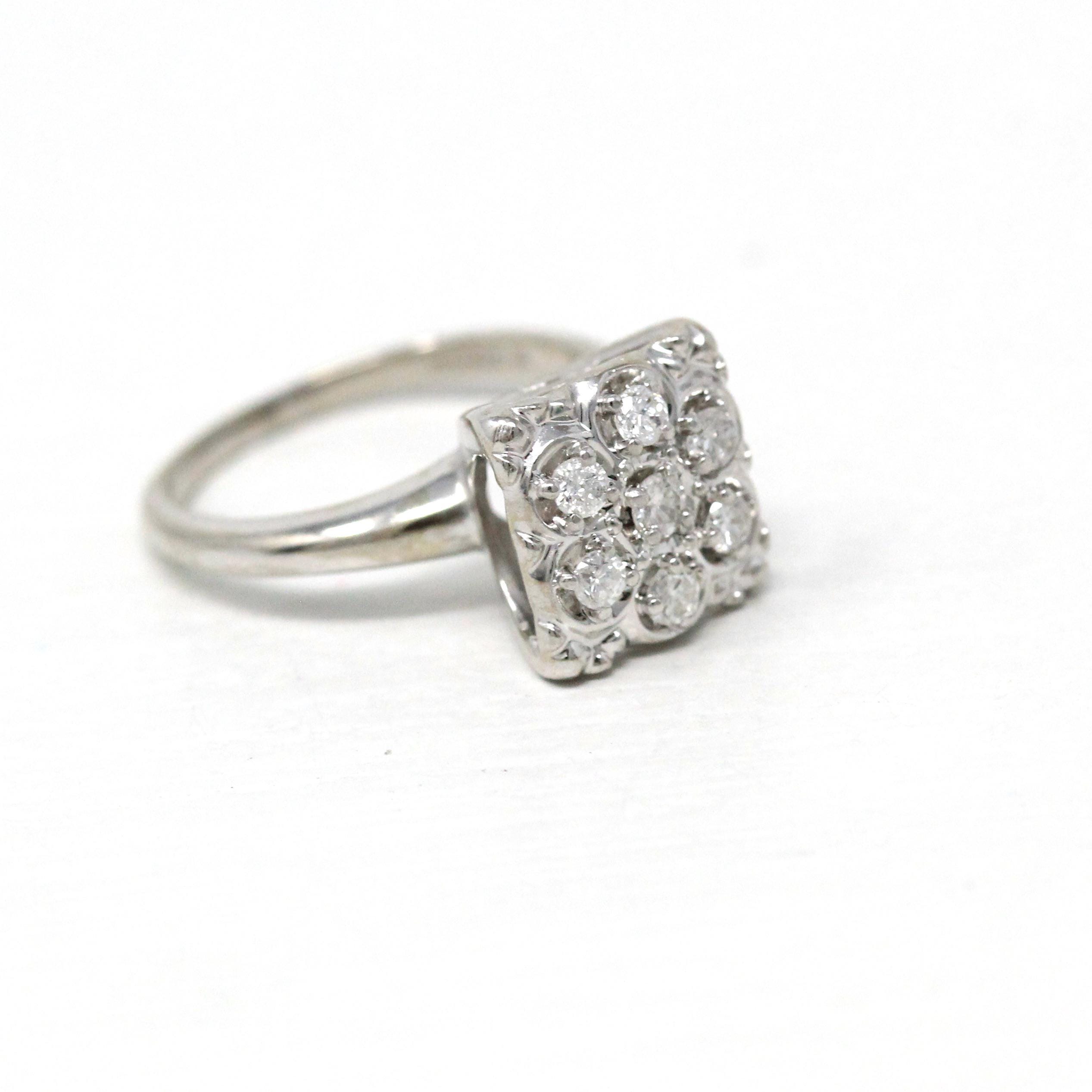 Diamond Cluster Ring - Mid Century 10k White Gold Genuine Gemstones - Vintage Circa 1950s Era Size 4 1/4 Cocktail Flower Fine Halo Jewelry