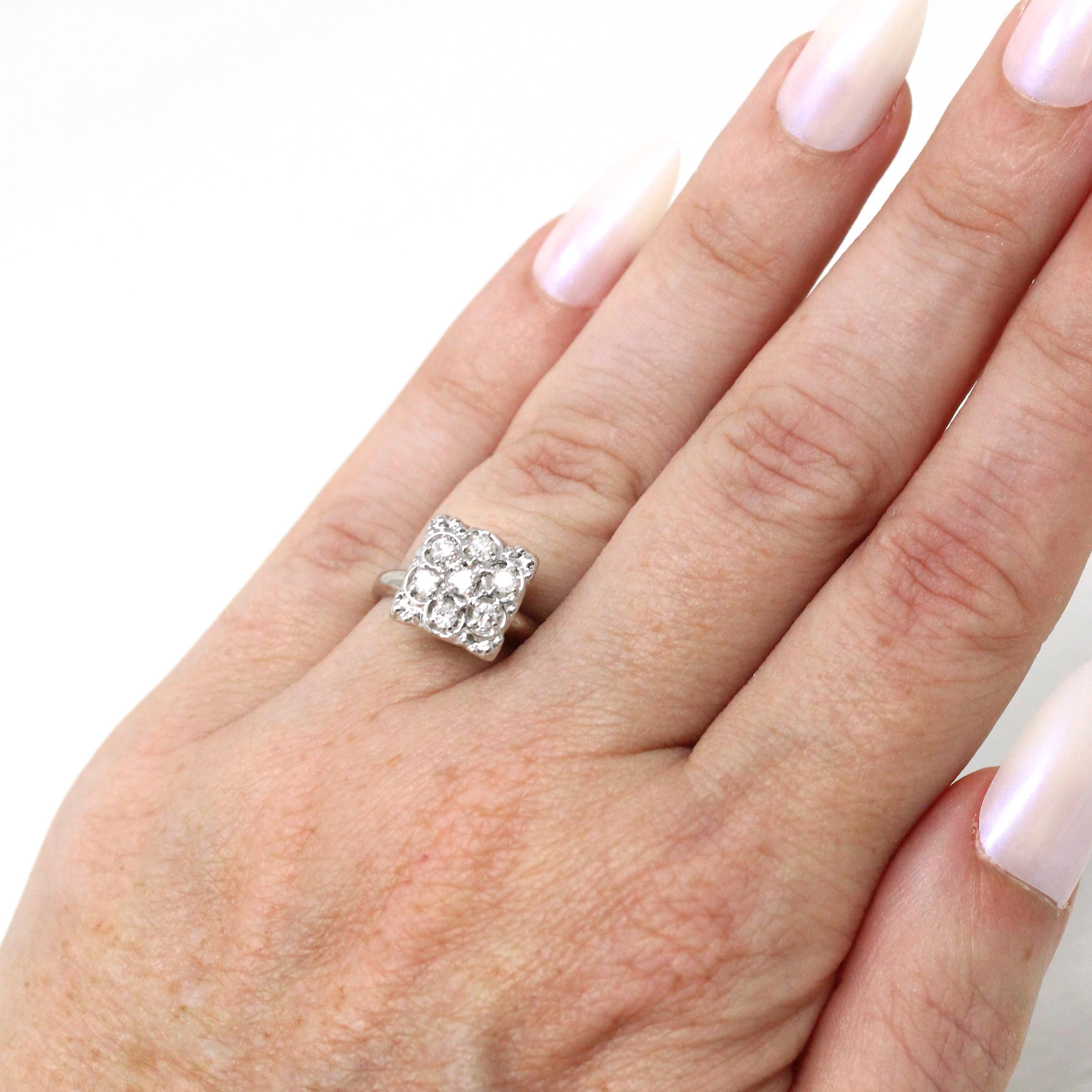 Diamond Cluster Ring - Mid Century 10k White Gold Genuine Gemstones - Vintage Circa 1950s Era Size 4 1/4 Cocktail Flower Fine Halo Jewelry