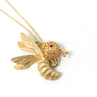 Vintage Wasp Necklace - Estate 14k Yellow Gold Winged Insect - Modern Circa 1980s Era Genuine Red Ruby Eye Bug Bee Hornet Fine 80s Jewelry