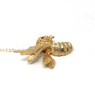 Vintage Wasp Necklace - Estate 14k Yellow Gold Winged Insect - Modern Circa 1980s Era Genuine Red Ruby Eye Bug Bee Hornet Fine 80s Jewelry