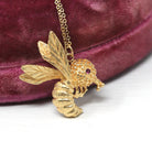 Vintage Wasp Necklace - Estate 14k Yellow Gold Winged Insect - Modern Circa 1980s Era Genuine Red Ruby Eye Bug Bee Hornet Fine 80s Jewelry