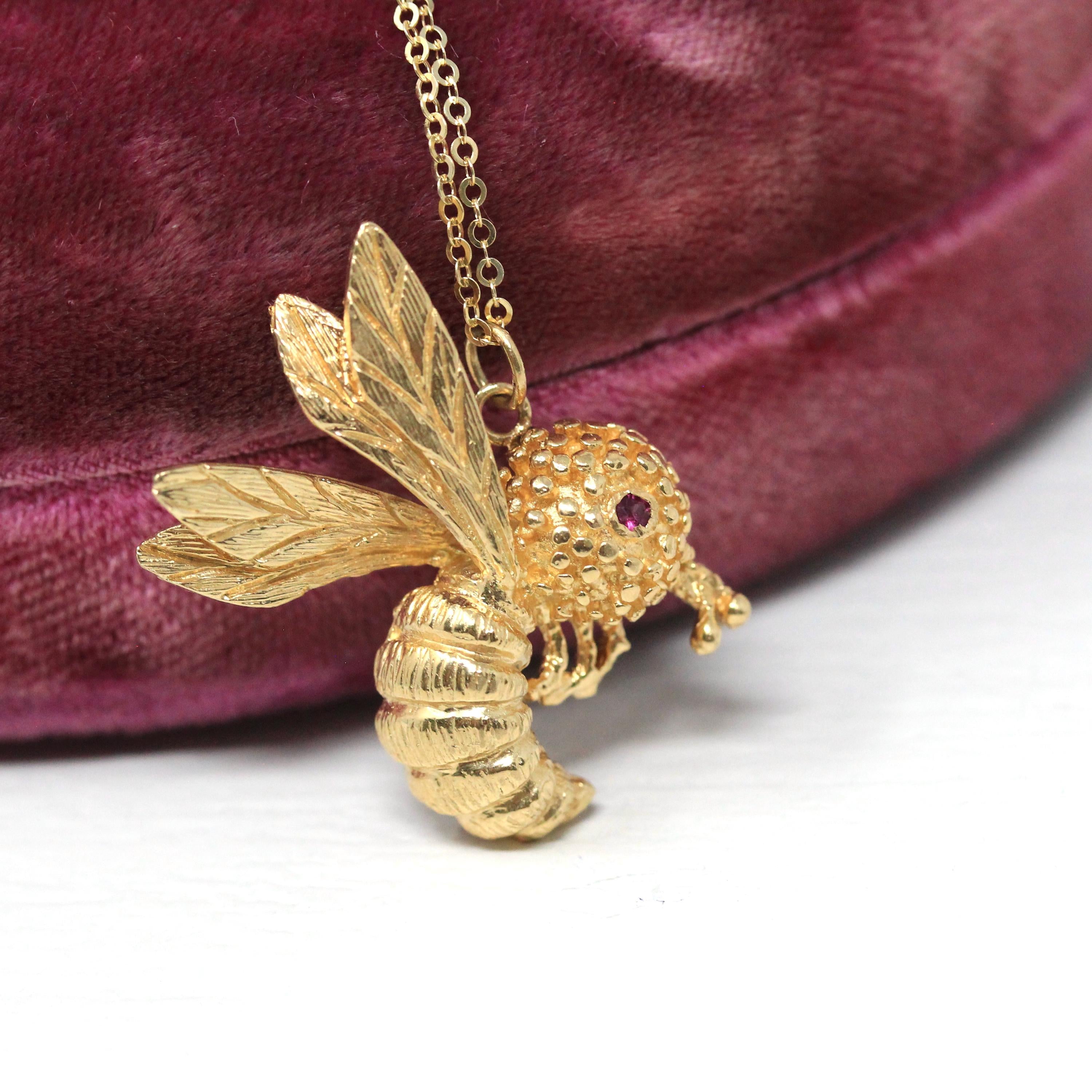 Vintage Wasp Necklace - Estate 14k Yellow Gold Winged Insect - Modern Circa 1980s Era Genuine Red Ruby Eye Bug Bee Hornet Fine 80s Jewelry