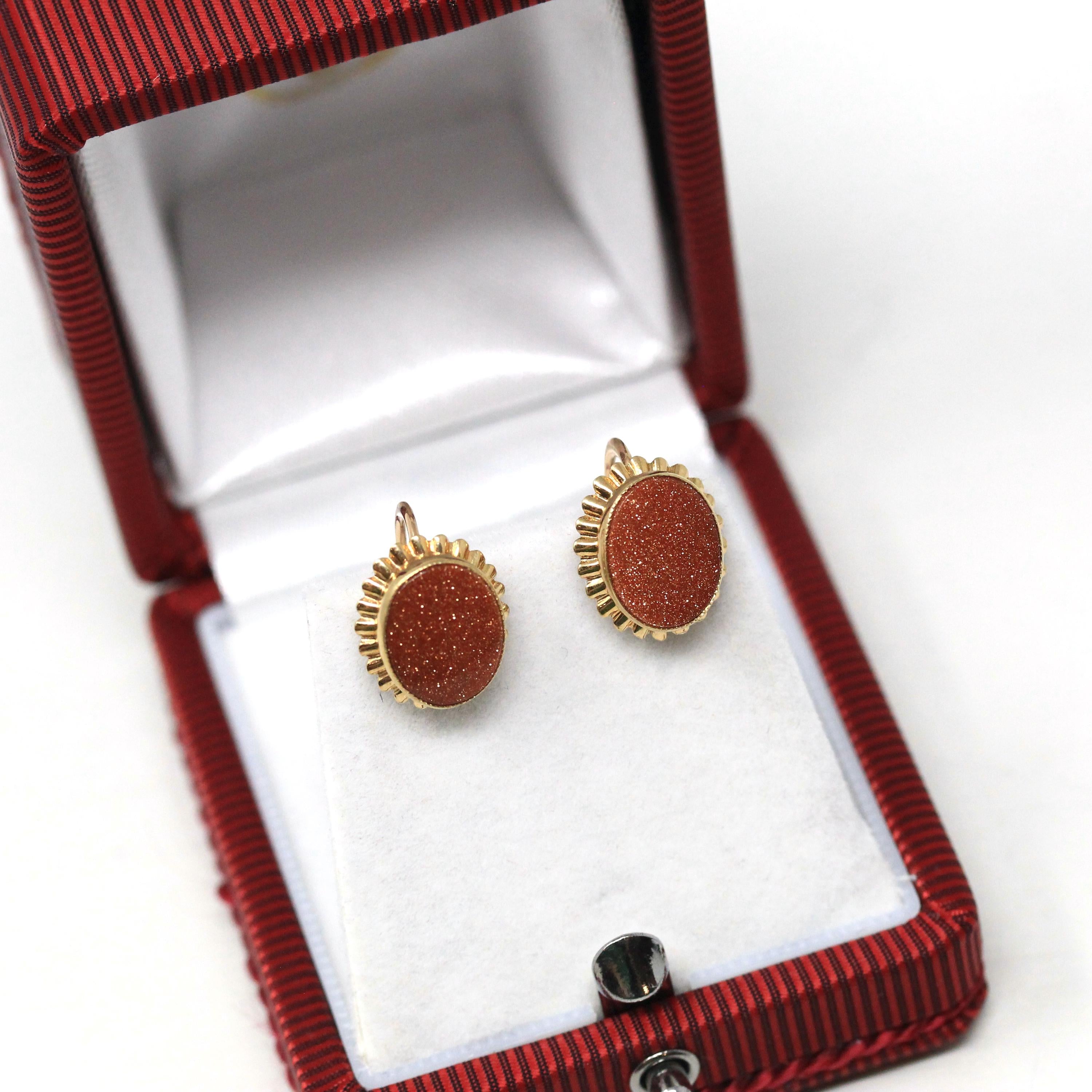 Goldstone Glass Earrings - Retro 10k Rosy Yellow Gold Oval Sparkling Brown Gems - Circa 1960s Era Screw Back Style Fine PSCO Jewelry