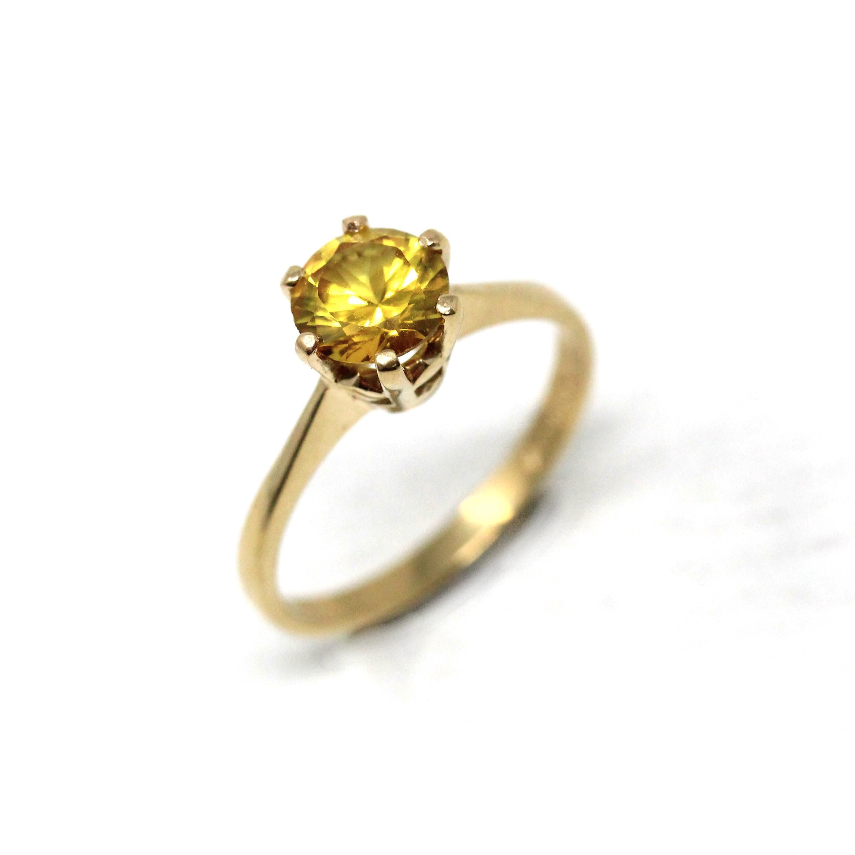 Created Yellow Sapphire Ring - Retro 10k Gold Round Faceted
