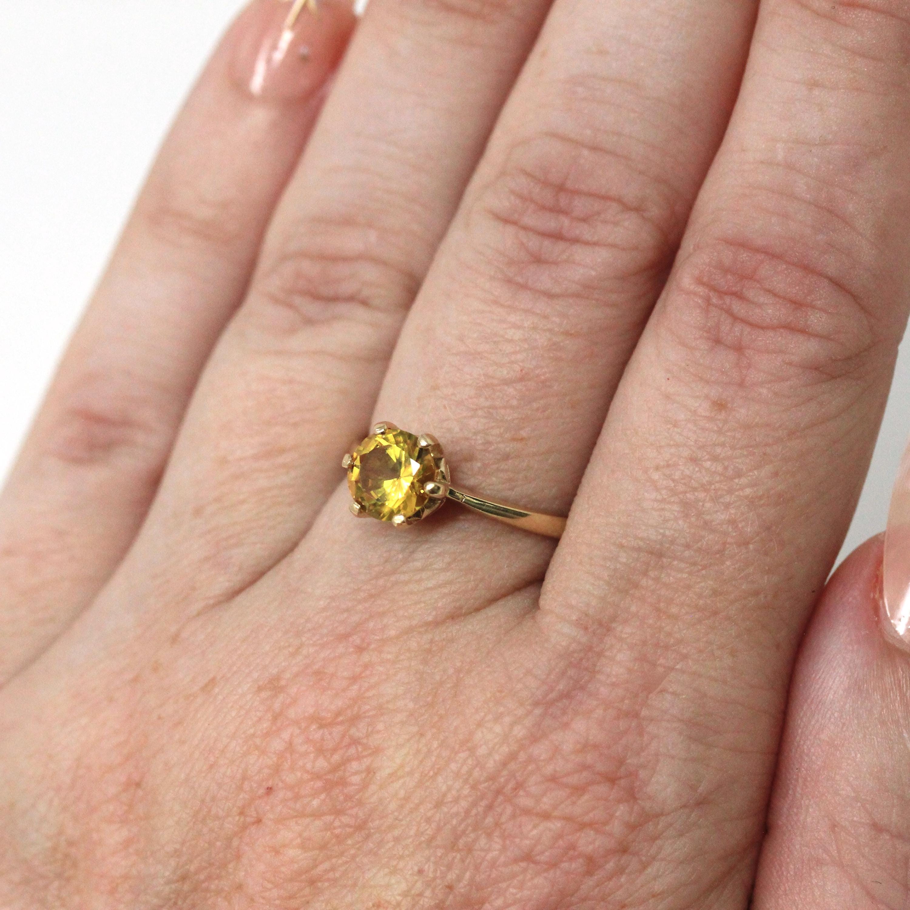 Created Yellow Sapphire Ring - Retro 10k Gold Round Faceted