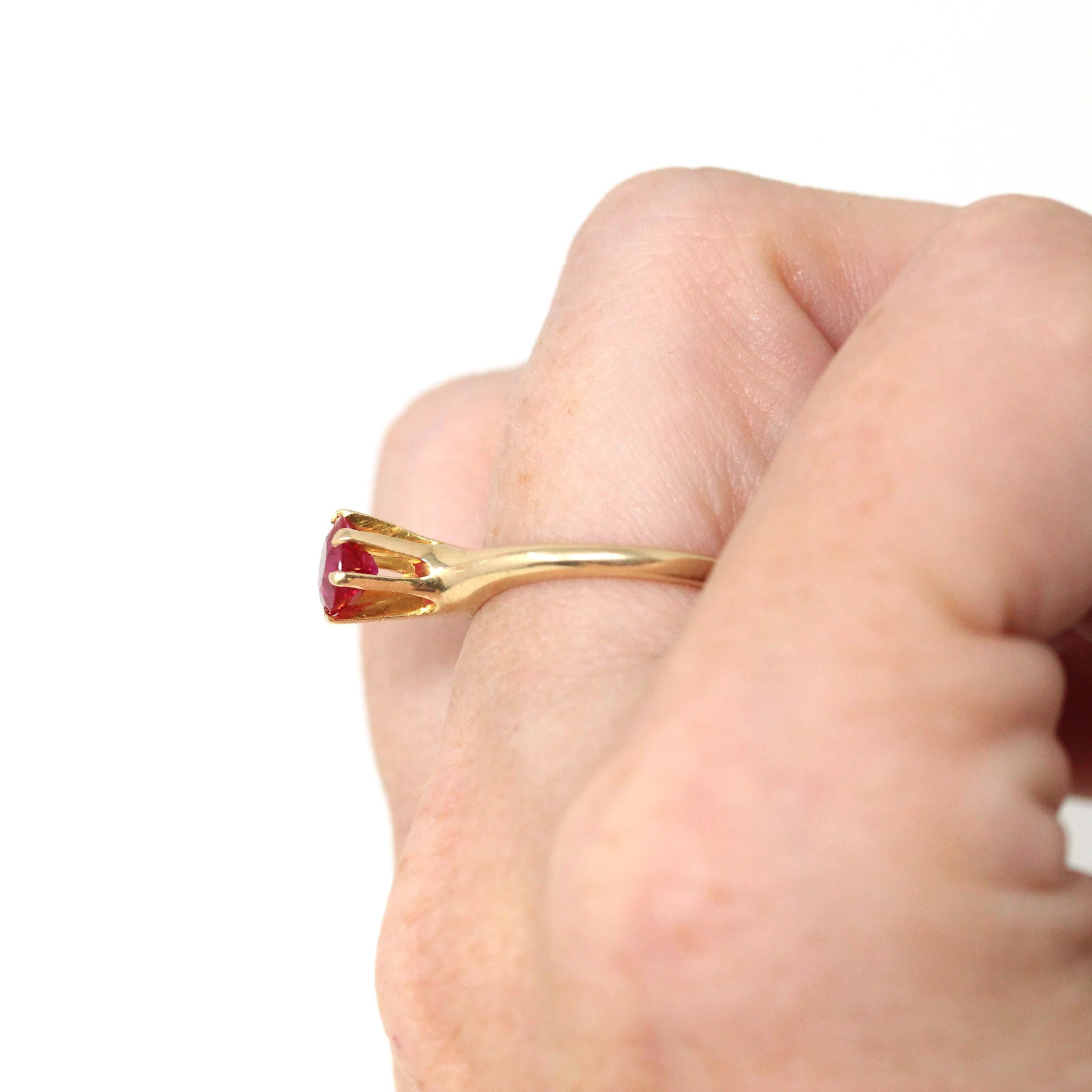 Created Ruby Ring - Retro 14k Yellow Gold Round Faceted Reddish Pink Stone - Vintage Circa 1960s Era Size 5 1/2 July Birthstone Fine Jewelry