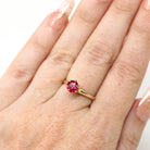 Created Ruby Ring - Retro 14k Yellow Gold Round Faceted Reddish Pink Stone - Vintage Circa 1960s Era Size 5 1/2 July Birthstone Fine Jewelry