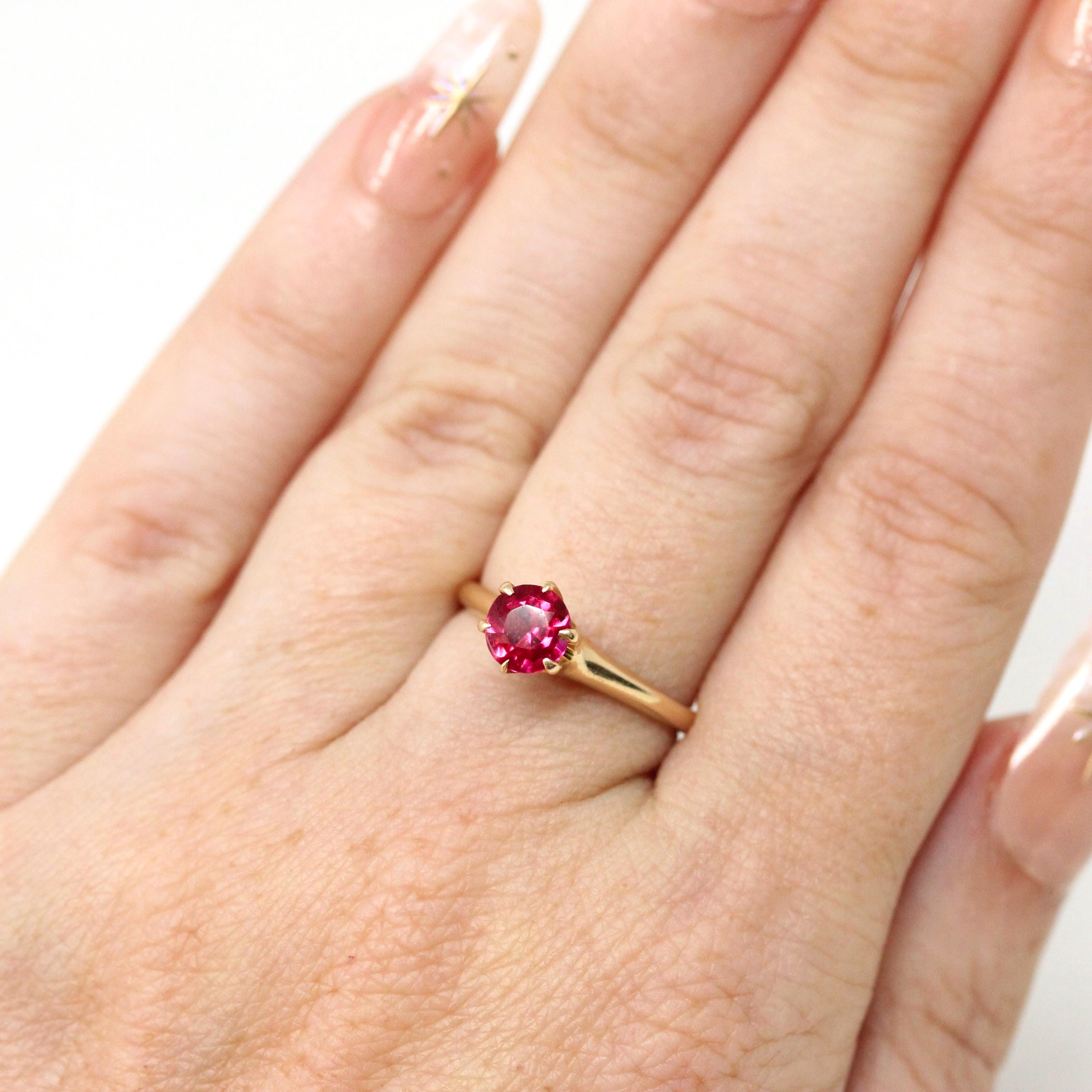 Created Ruby Ring - Retro 14k Yellow Gold Round Faceted Reddish Pink Stone - Vintage Circa 1960s Era Size 5 1/2 July Birthstone Fine Jewelry