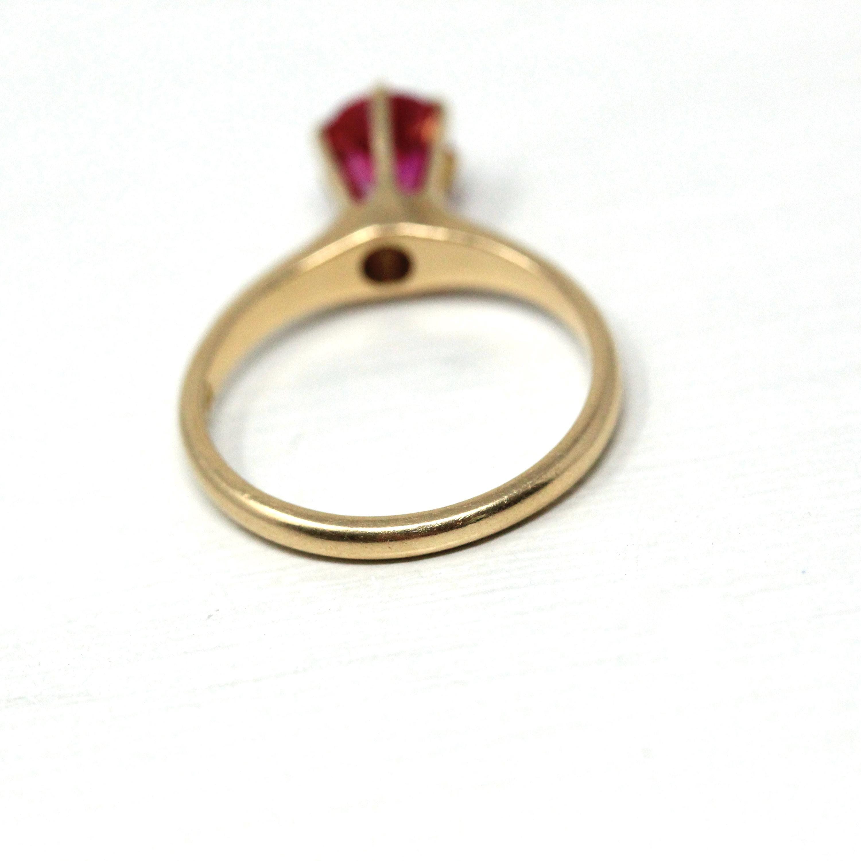 Created Ruby Ring - Retro 14k Yellow Gold Round Faceted Reddish Pink Stone - Vintage Circa 1960s Era Size 5 1/2 July Birthstone Fine Jewelry