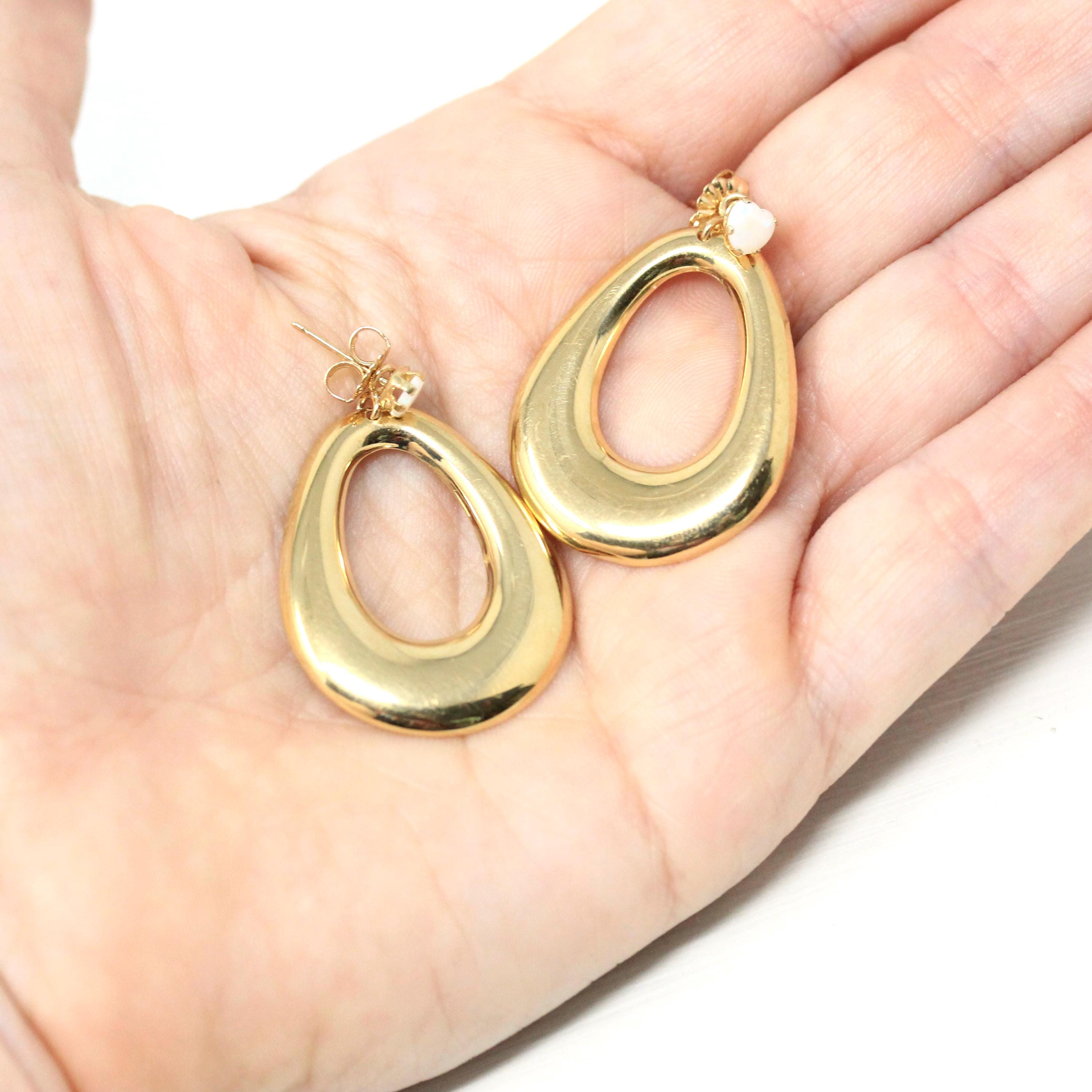 Opal Hoop Earrings Modern 14k Yellow Gold Push Back Post Bold