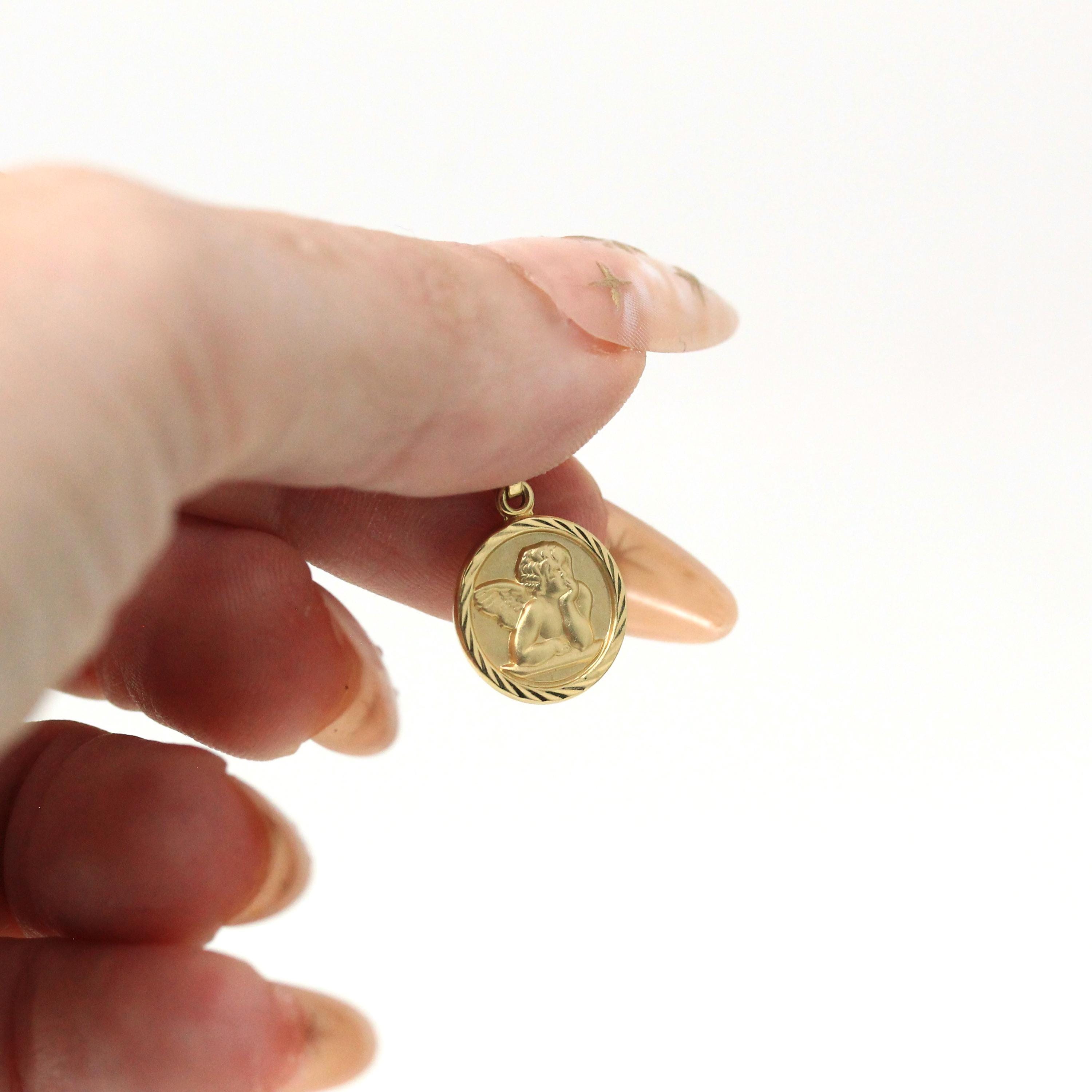 Dainty Cupid Charm - Modern 14k Yellow Gold Round Matte Winged Angel Pendant Necklace - Circa 1990s New Old Stock Figural NOS Fine Jewelry