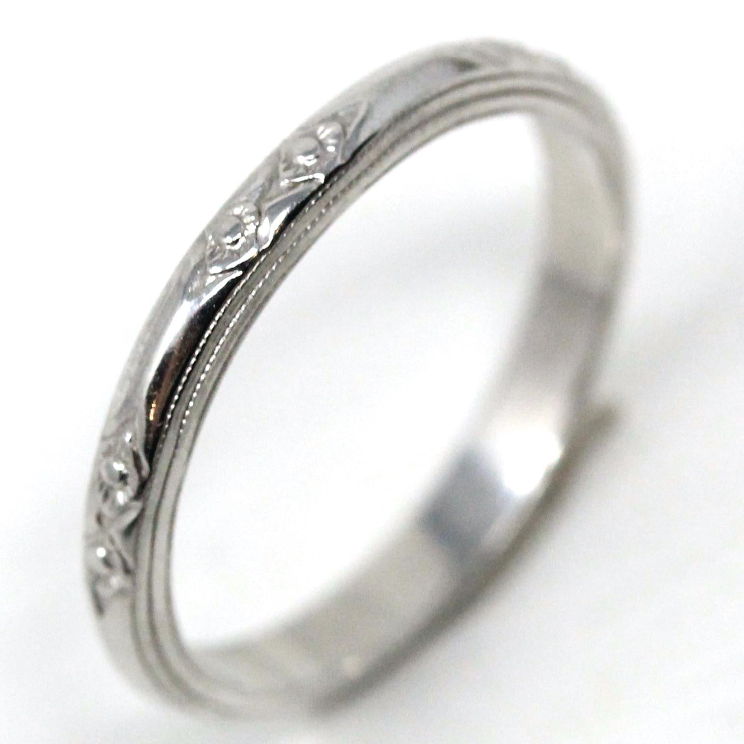 Art Deco Wedding Band - Vintage 18k White Gold Orange Blossom Eternity Ring - Circa 1930s Era Size 5 Bridal Stacking Fine 30s Flower Jewelry