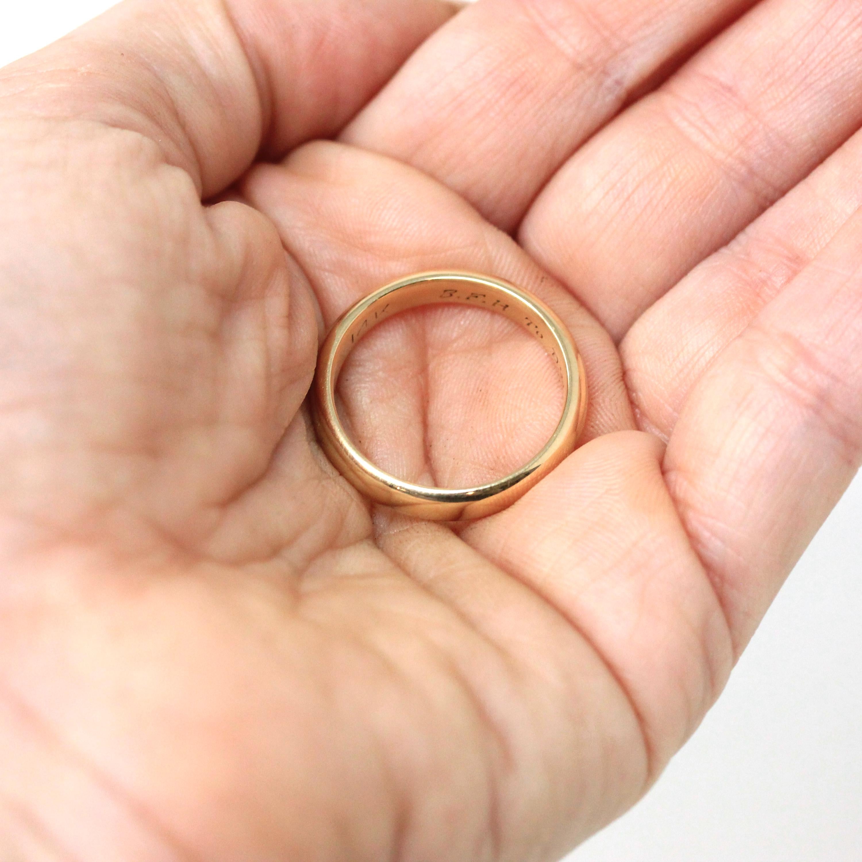 Vintage Wedding Band - Retro 14k Yellow Gold "BFH to DWK" Stacking Men's Unisex Ring - Dated 1962 Size 9 1/2 Fine Heirloom Bridal Jewelry