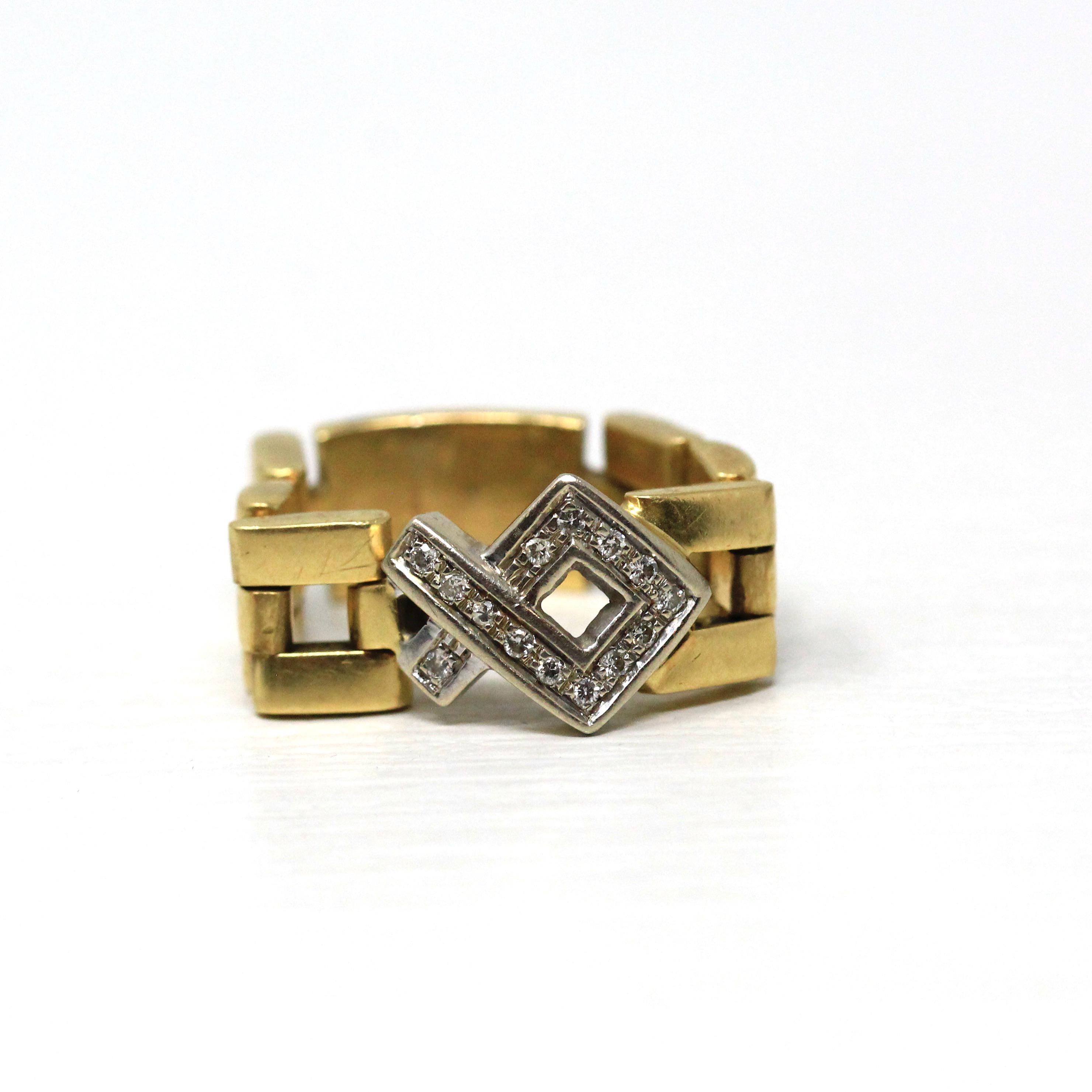 Vintage Watch Link Ring - Modern Estate 18k Yellow White Gold Open Brick Chain Design - Circa 2000s Size 7 1/2 Fine Diamond Accent Jewelry