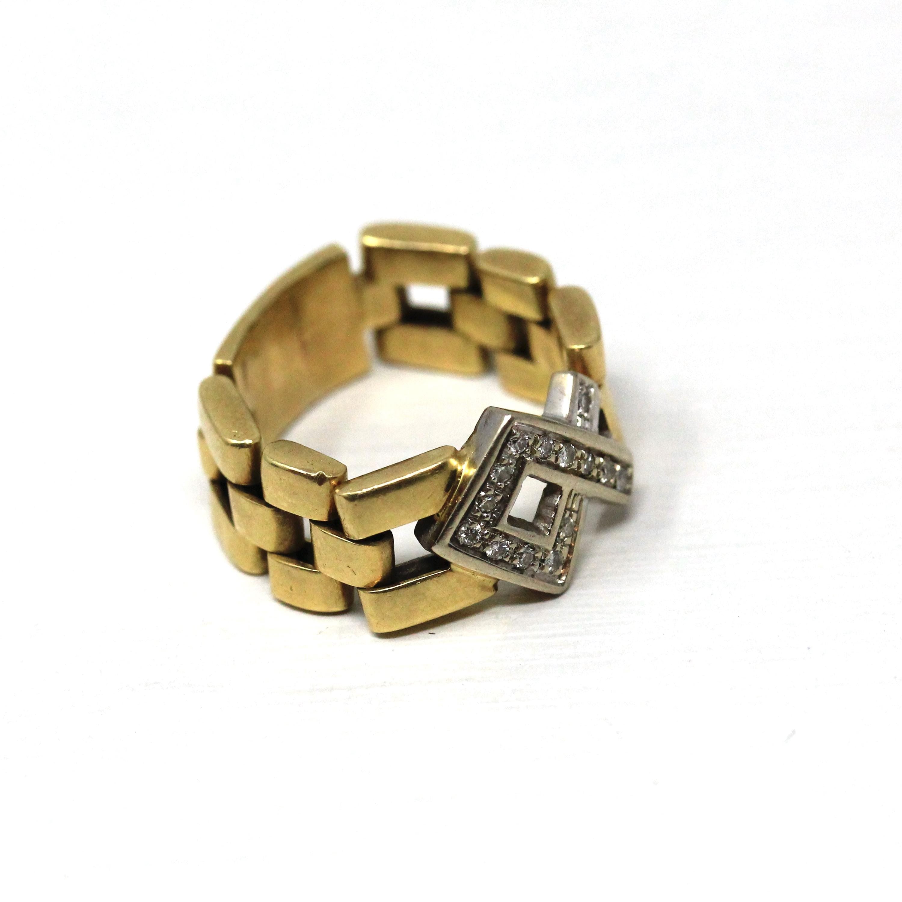 Vintage Watch Link Ring - Modern Estate 18k Yellow White Gold Open Brick Chain Design - Circa 2000s Size 7 1/2 Fine Diamond Accent Jewelry
