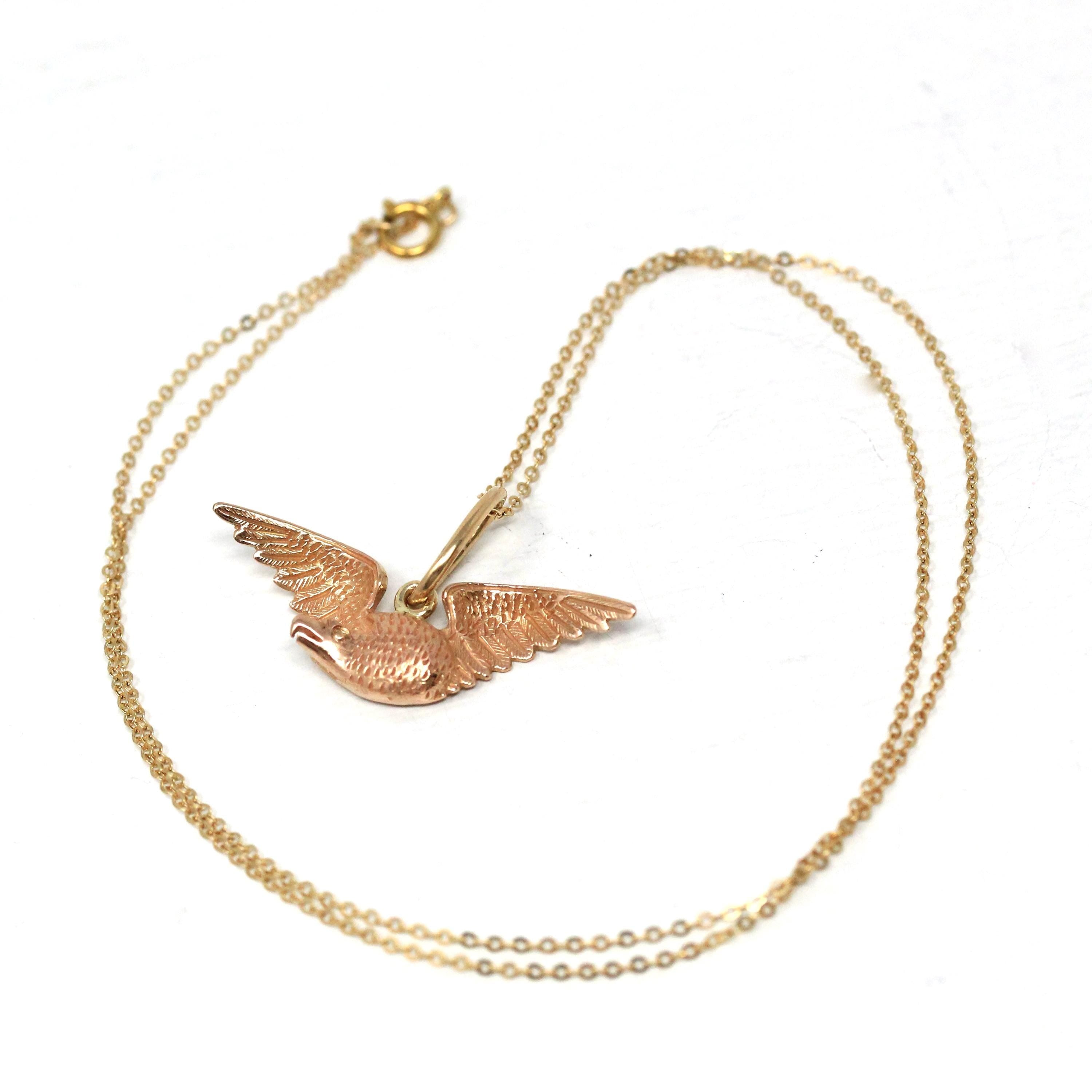 Flying Bird Charm - Modern 14k Rose Gold Winged Animal Pendant Necklace - Estate Circa 2000s Era Raven Crow Avian Feathered Fine Jewelry