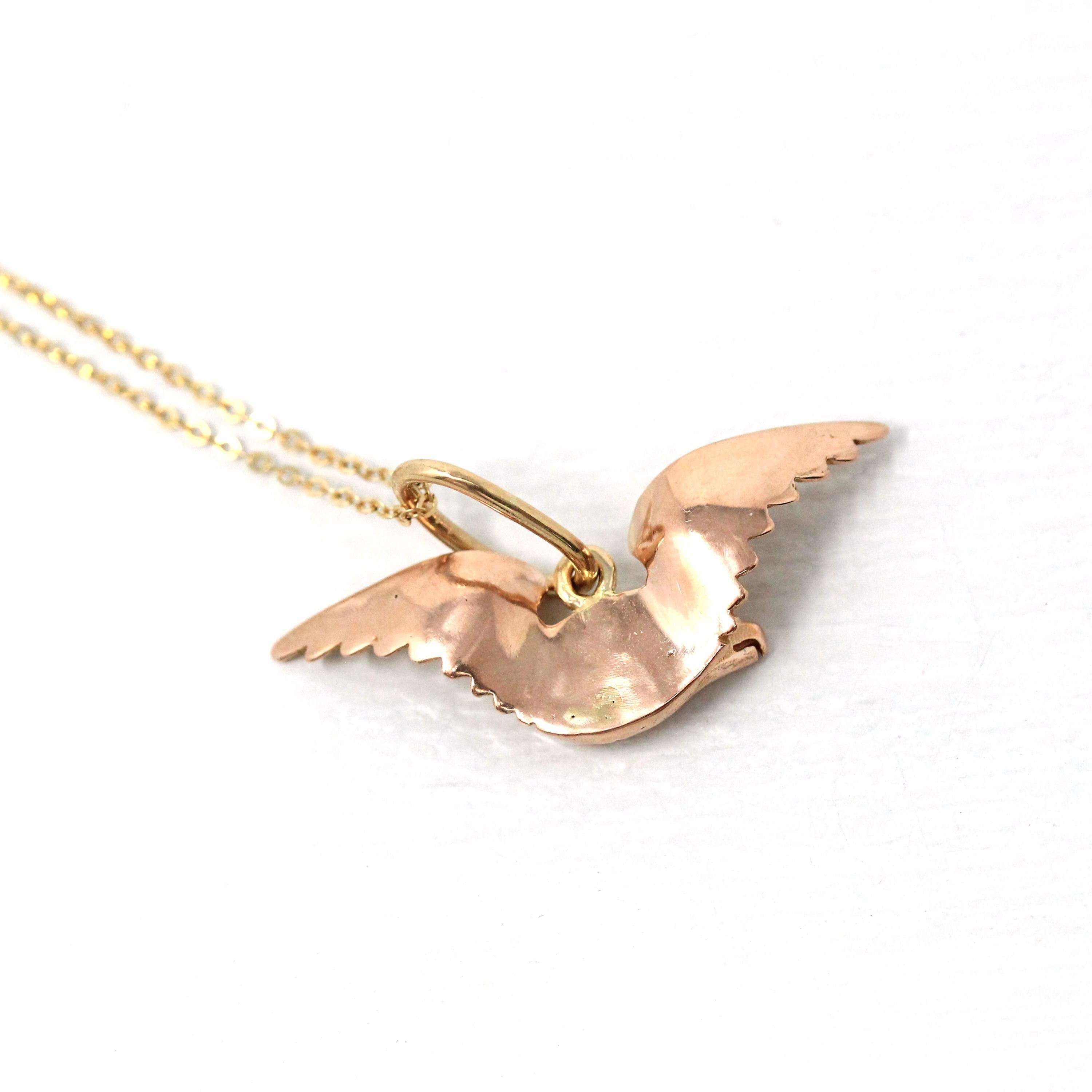 Flying Bird Charm - Modern 14k Rose Gold Winged Animal Pendant Necklace - Estate Circa 2000s Era Raven Crow Avian Feathered Fine Jewelry