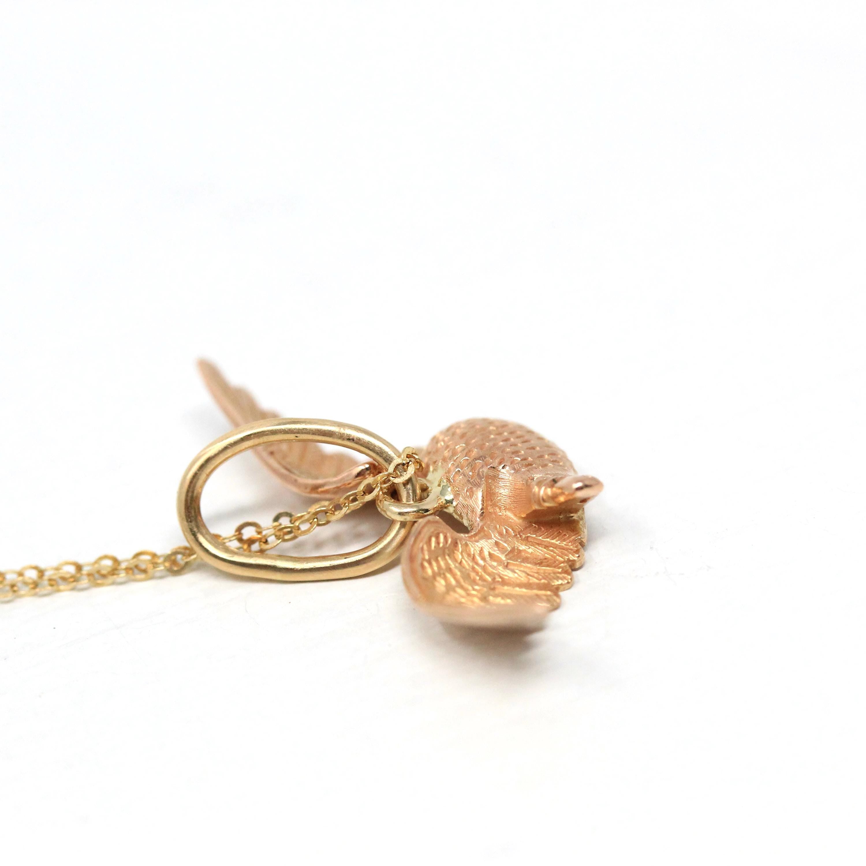 Flying Bird Charm - Modern 14k Rose Gold Winged Animal Pendant Necklace - Estate Circa 2000s Era Raven Crow Avian Feathered Fine Jewelry