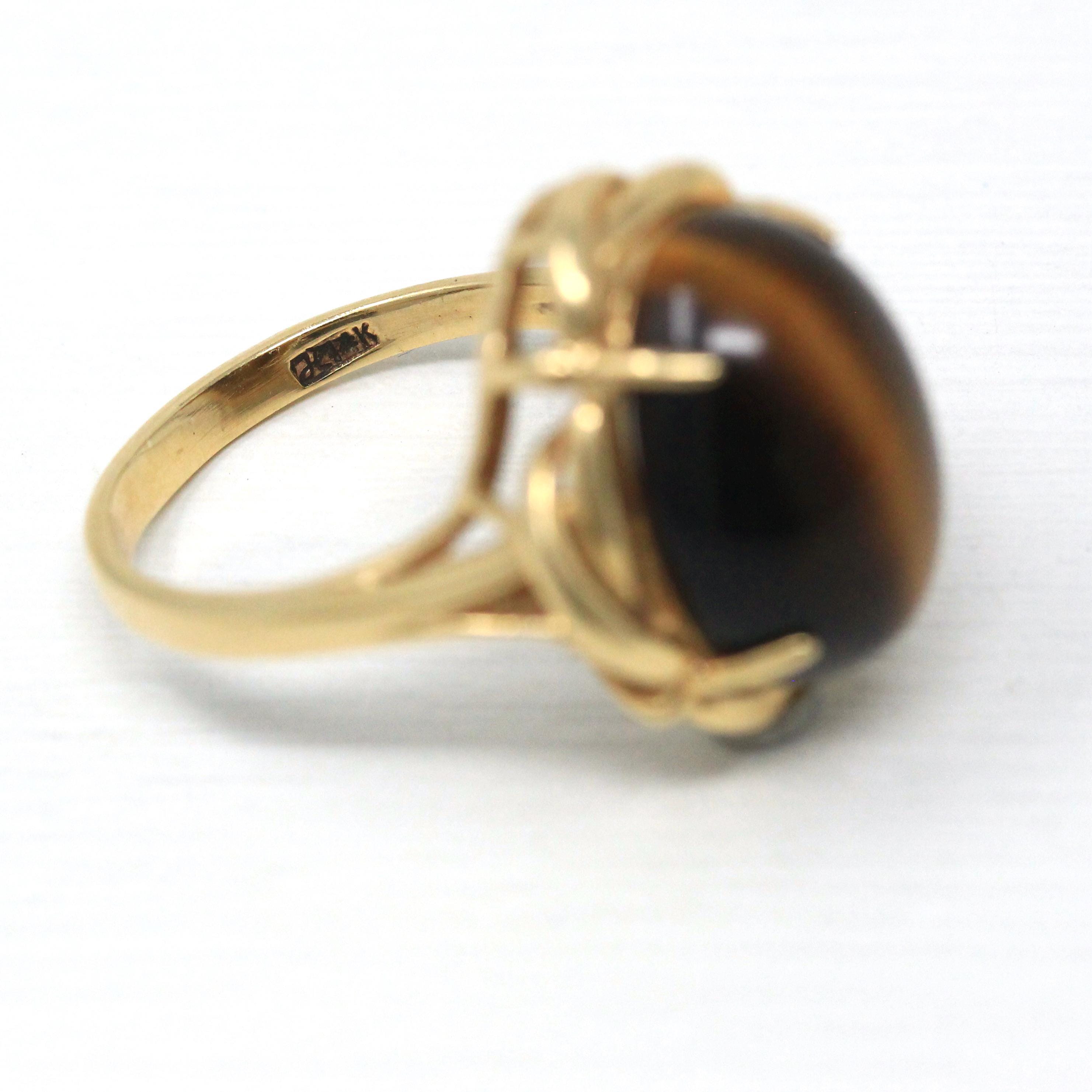 Tiger's Eye Ring - Modern 14k Yellow Gold Cabochon Cut Genuine Chatoyant Gemstone - Estate Circa 2000s Era Size 7 3/4 Statement Fine Jewelry