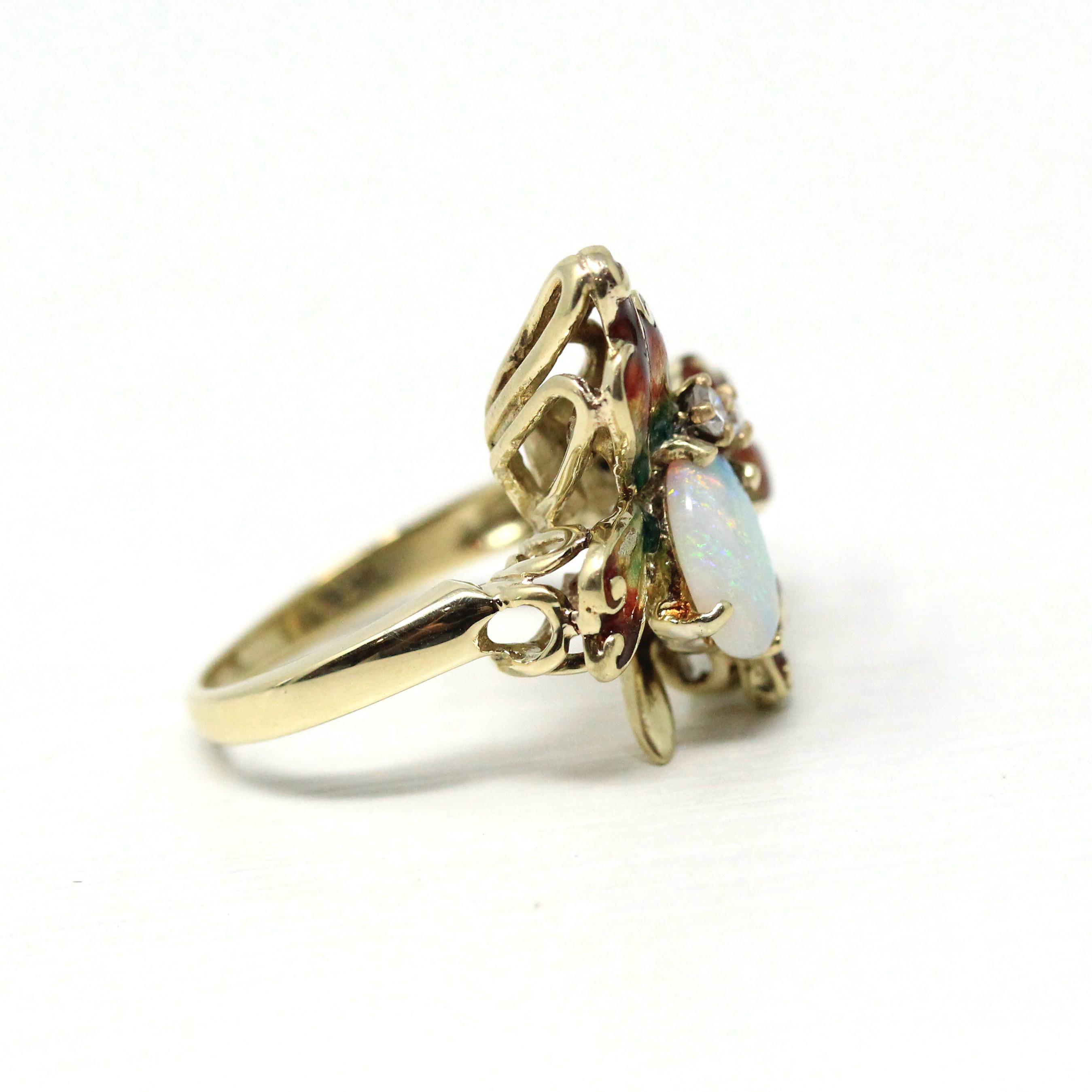 Vintage Butterfly Ring - Retro Era 14k Yellow Gold Genuine Opal & Diamonds - Circa 1970s Era Size 5.25 Statement Figural Enamel Fine Jewelry