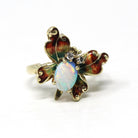 Vintage Butterfly Ring - Retro Era 14k Yellow Gold Genuine Opal & Diamonds - Circa 1970s Era Size 5.25 Statement Figural Enamel Fine Jewelry